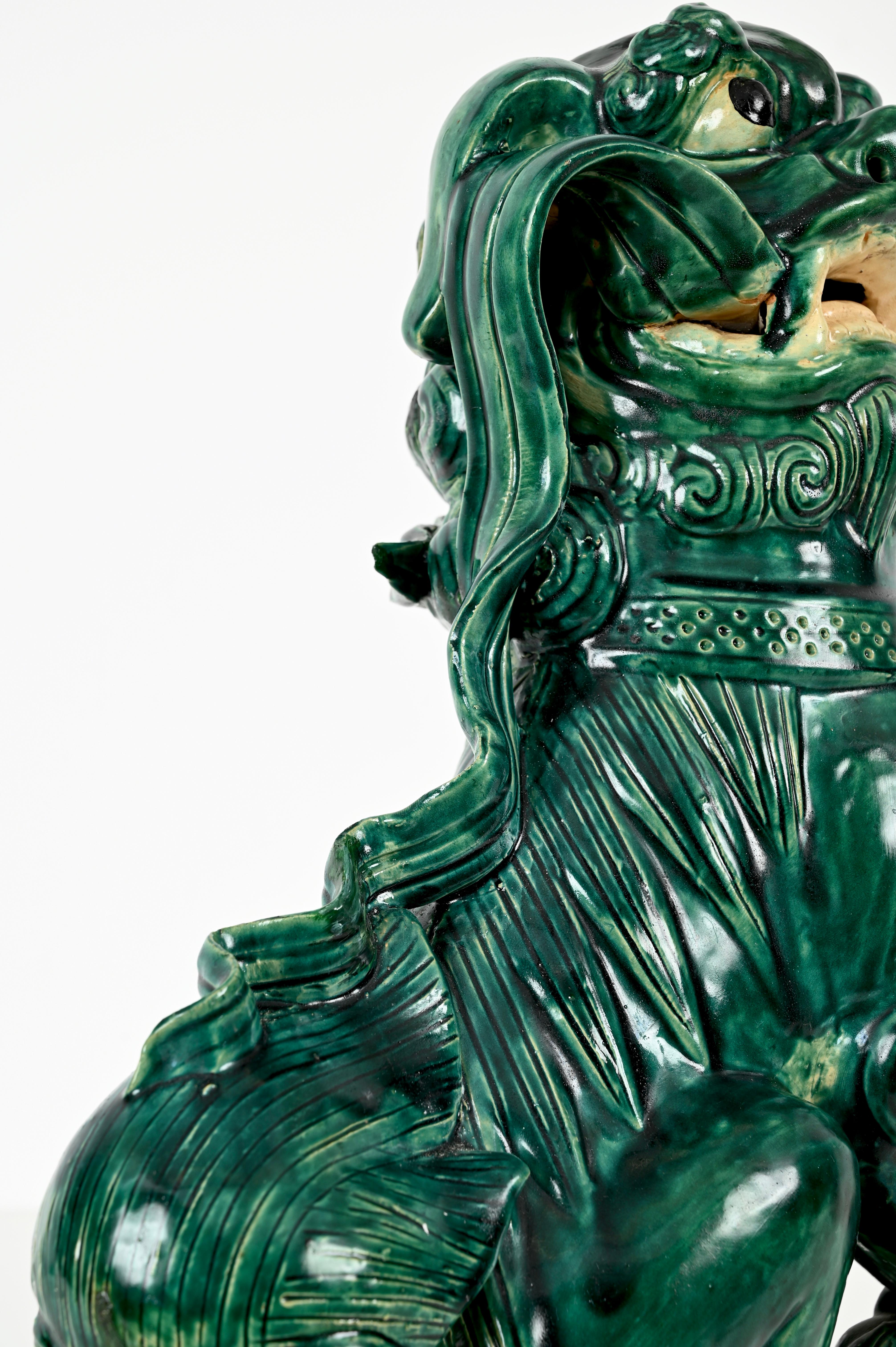 Antique Large Green Lion Foo Dog, Glazed Chinese Ceramic,  Early 20th For Sale 7
