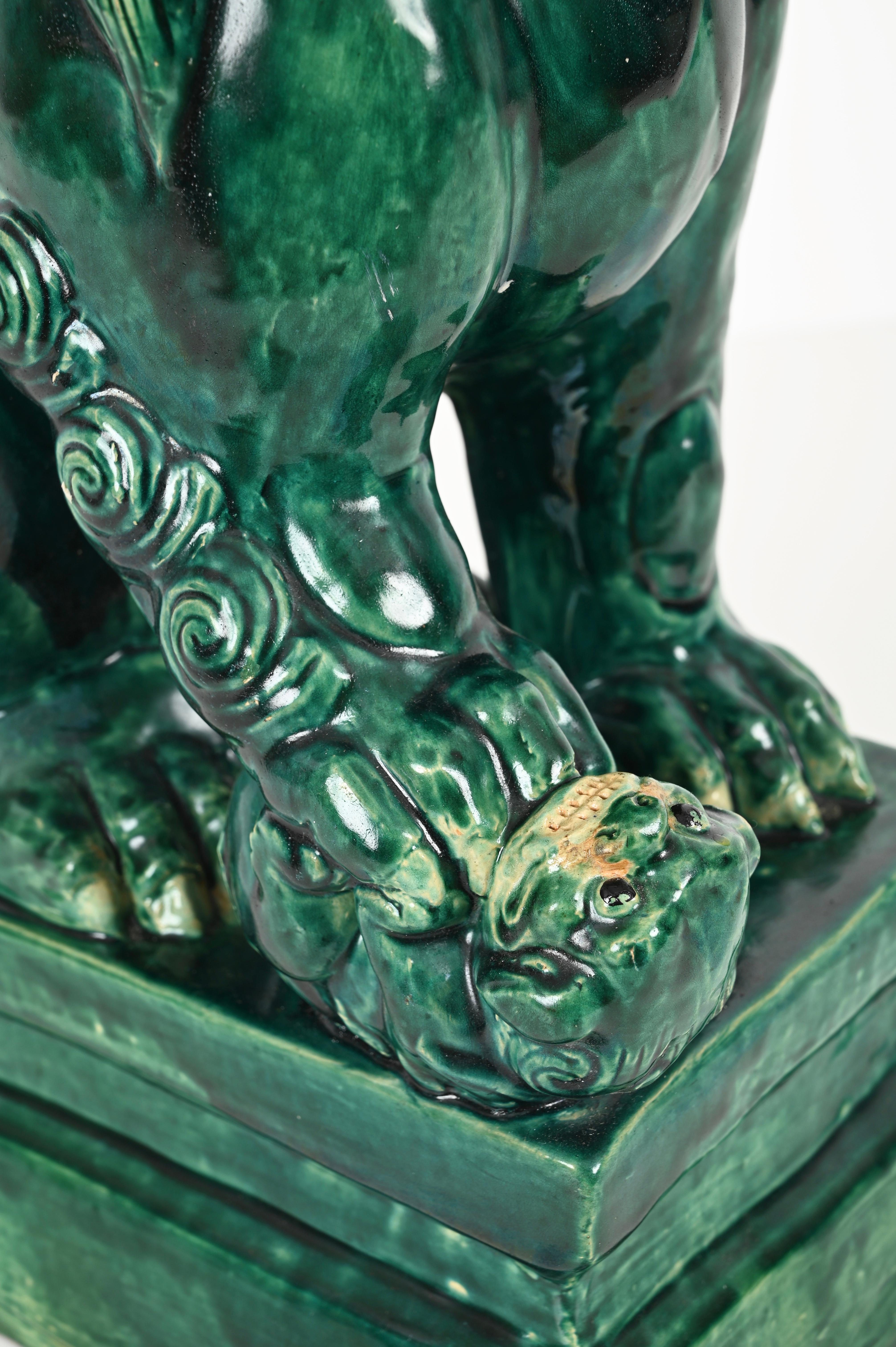 Antique Large Green Lion Foo Dog, Glazed Chinese Ceramic,  Early 20th For Sale 8