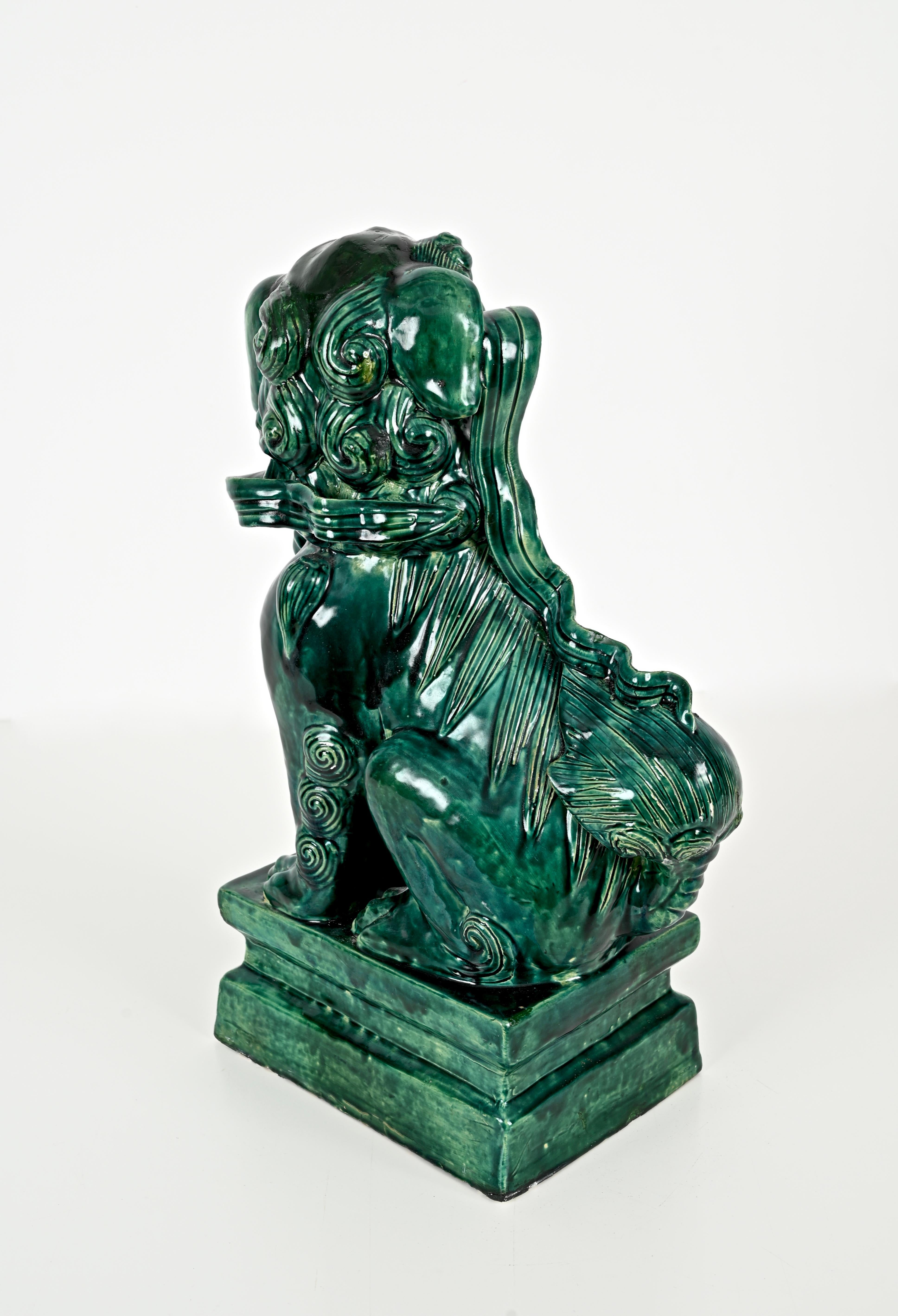 Antique Large Green Lion Foo Dog, Glazed Chinese Ceramic,  Early 20th For Sale 9