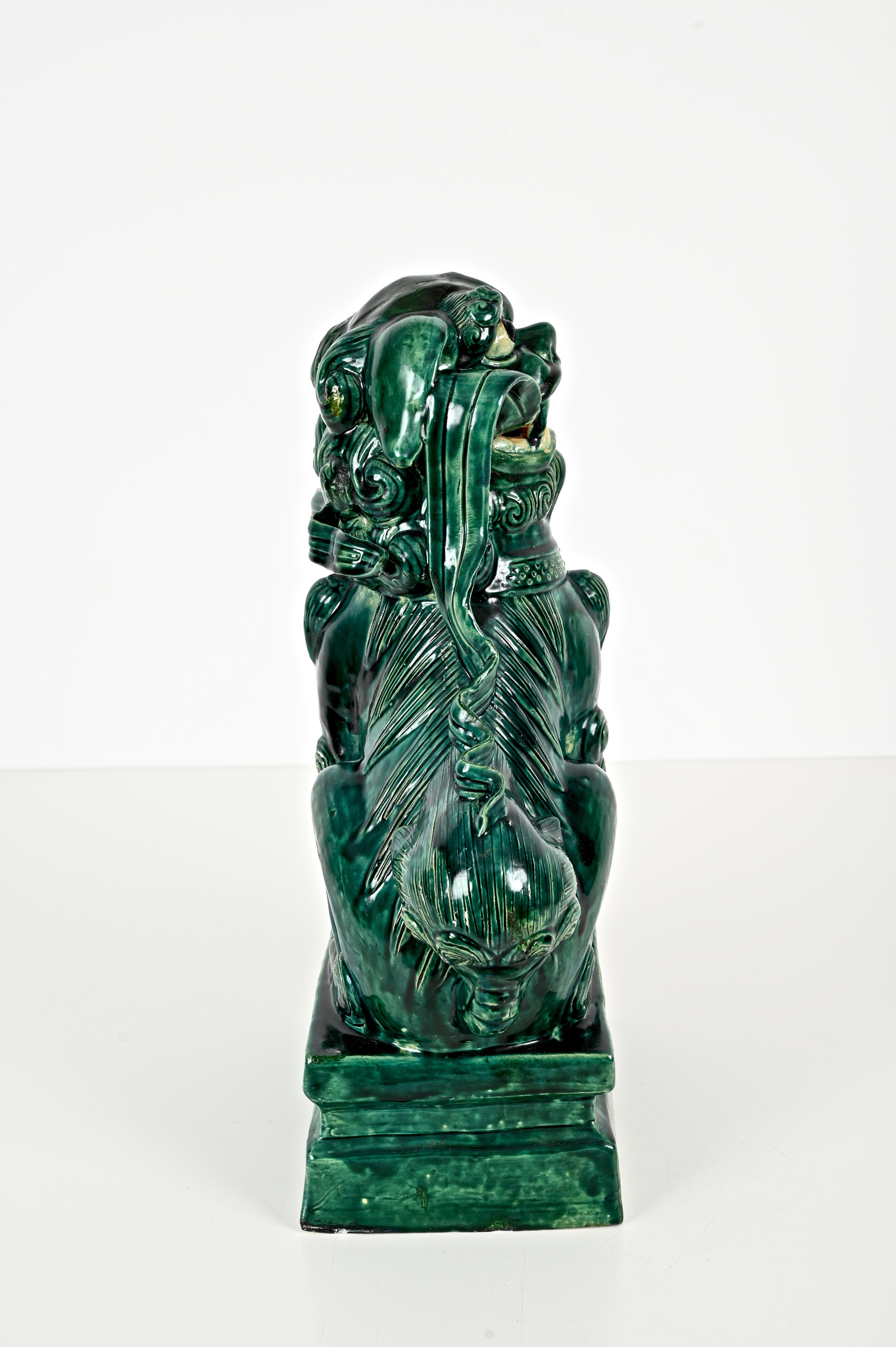 Antique Large Green Lion Foo Dog, Glazed Chinese Ceramic,  Early 20th For Sale 10