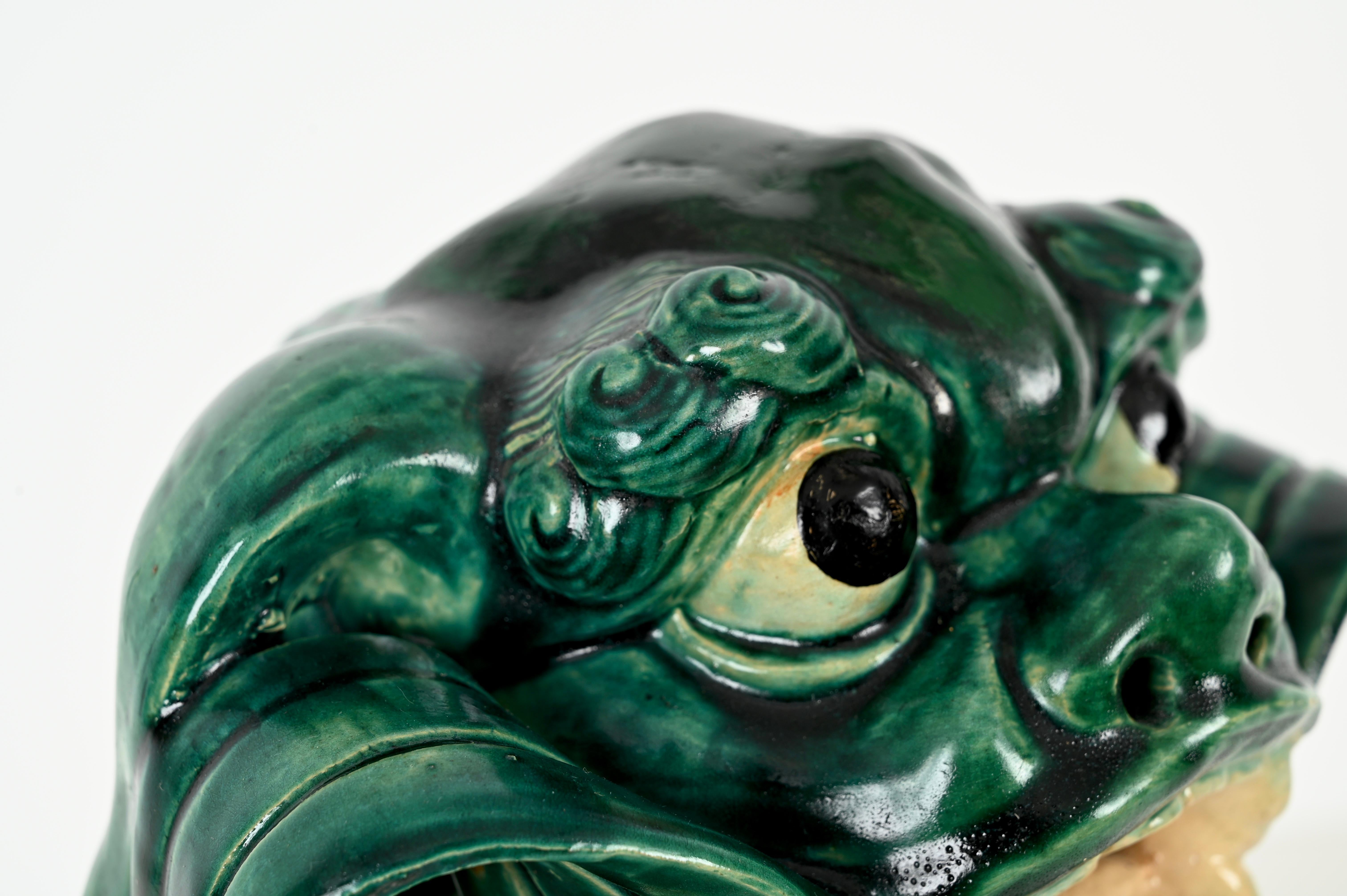 Chinoiserie Antique Large Green Lion Foo Dog, Glazed Chinese Ceramic,  Early 20th For Sale