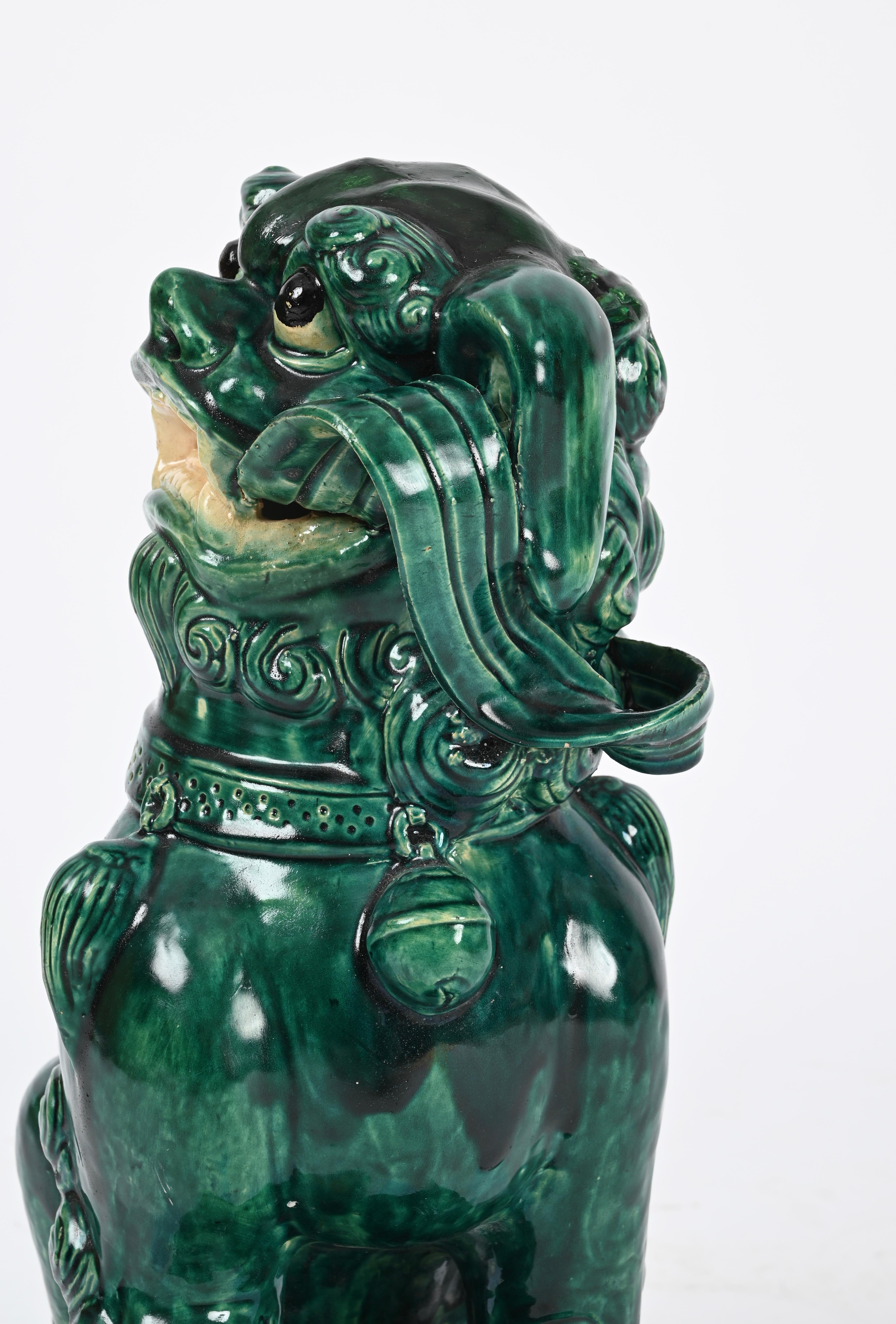 20th Century Antique Large Green Lion Foo Dog, Glazed Chinese Ceramic,  Early 20th For Sale