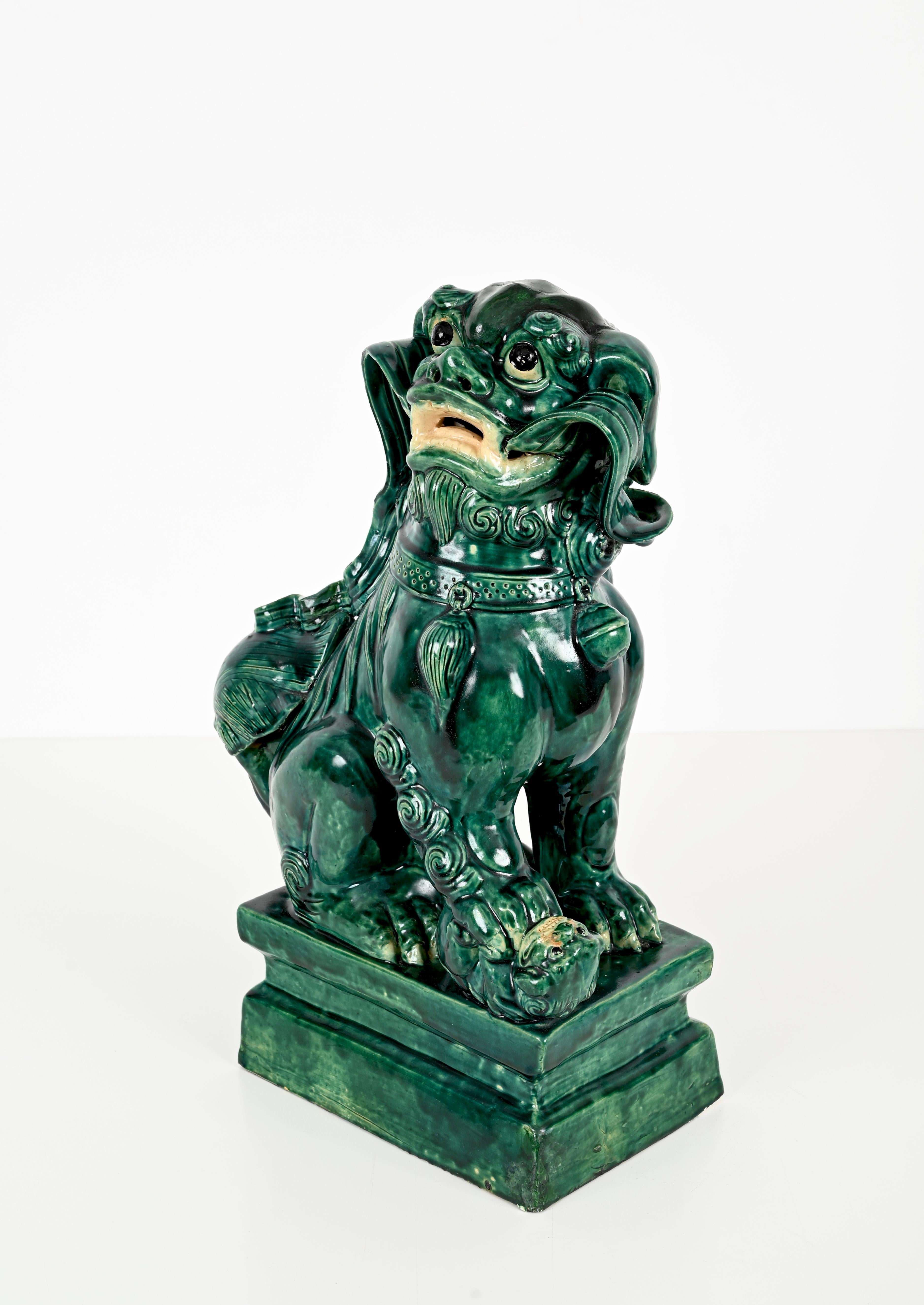 Antique Large Green Lion Foo Dog, Glazed Chinese Ceramic,  Early 20th For Sale 1