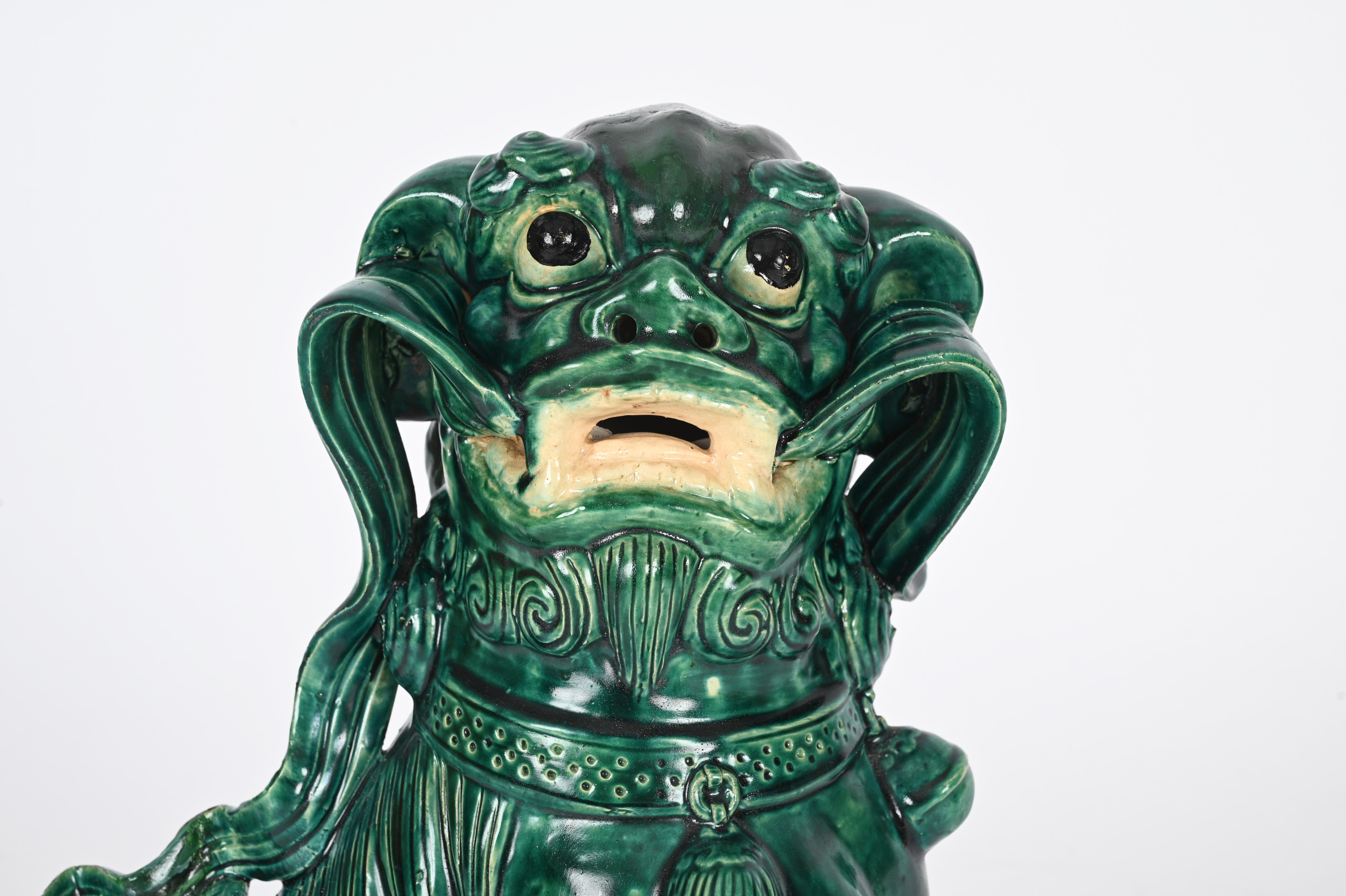 Antique Large Green Lion Foo Dog, Glazed Chinese Ceramic,  Early 20th For Sale 2