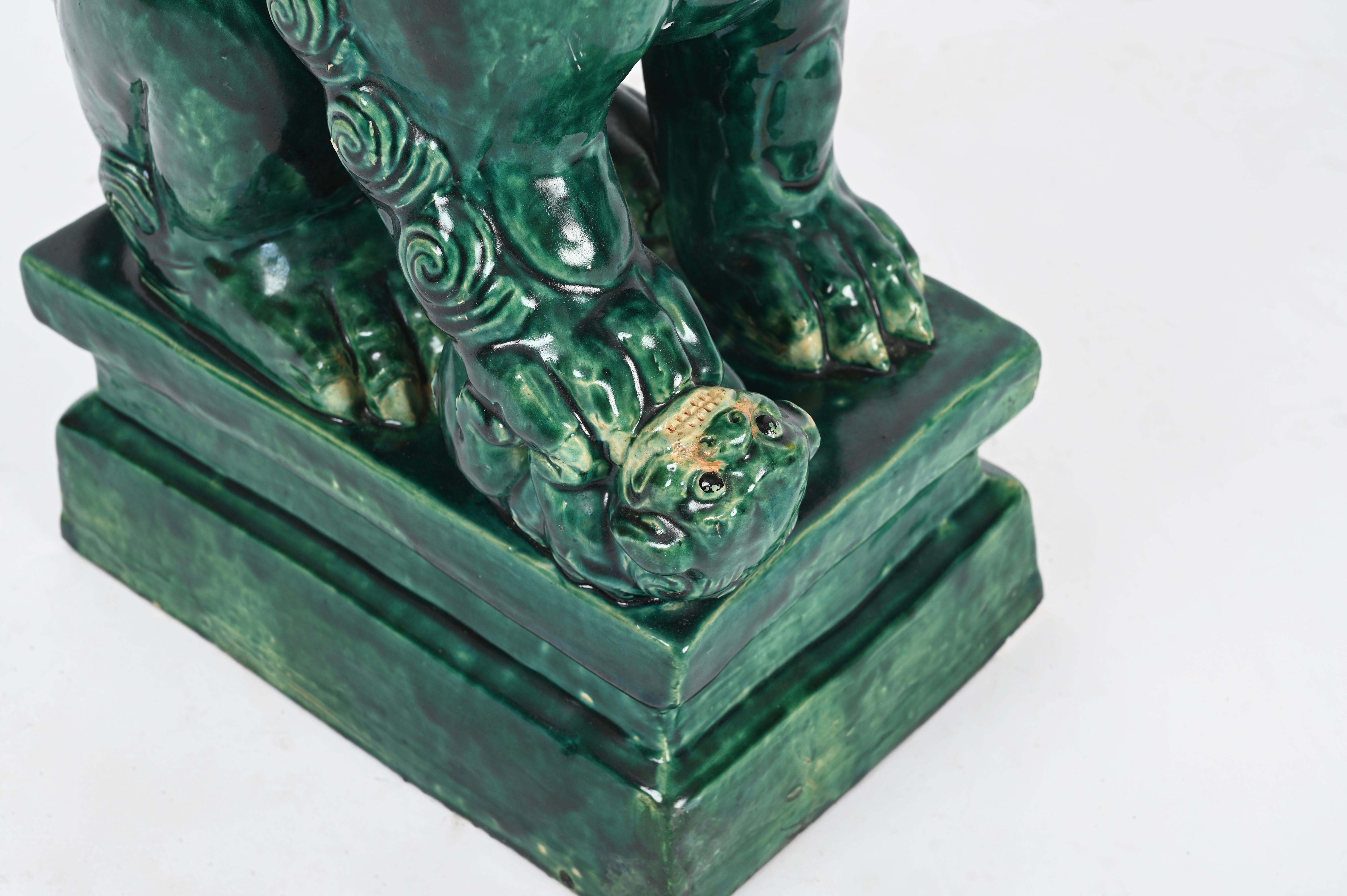 Antique Large Green Lion Foo Dog, Glazed Chinese Ceramic,  Early 20th For Sale 3