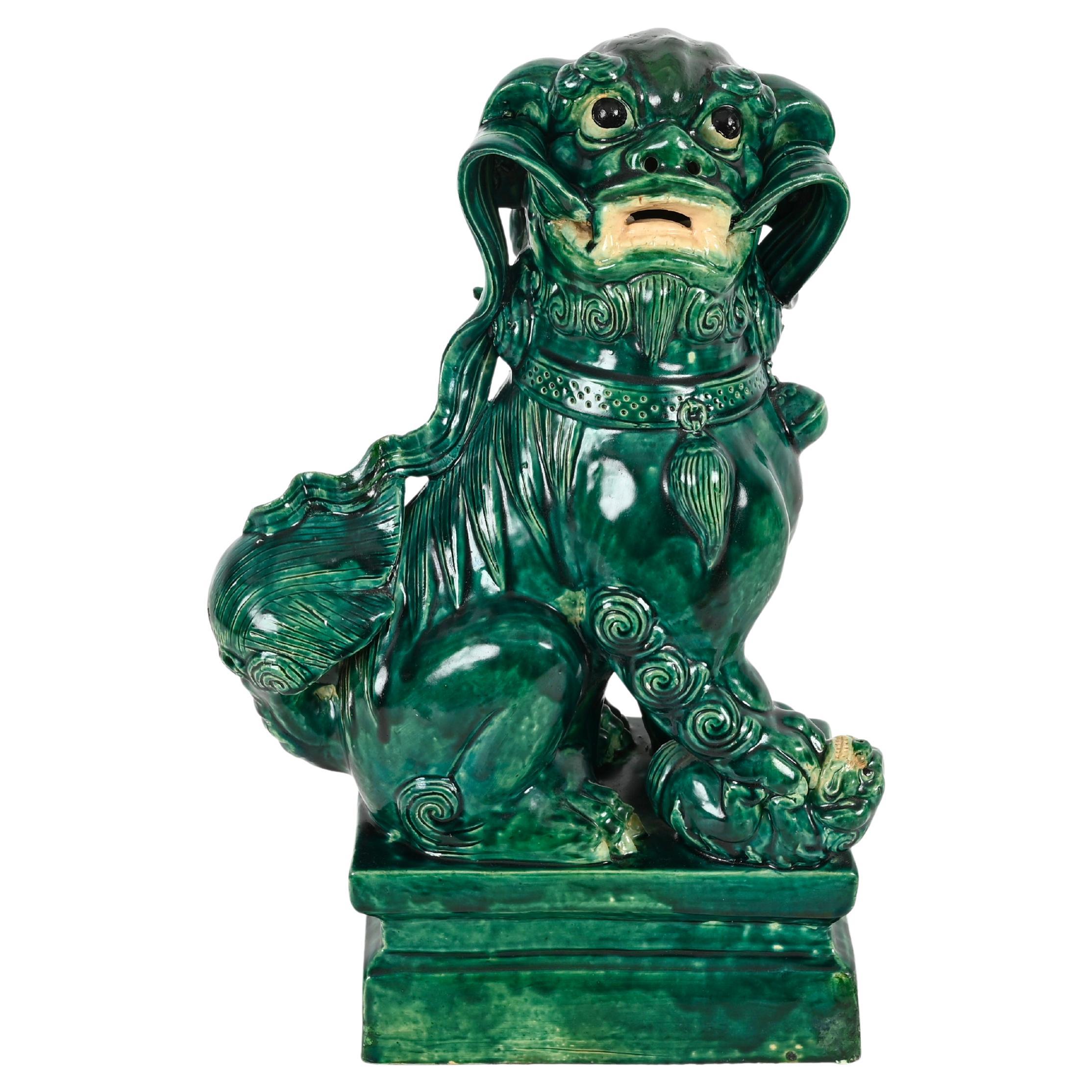 Antique Large Green Lion Foo Dog, Glazed Chinese Ceramic,  Early 20th