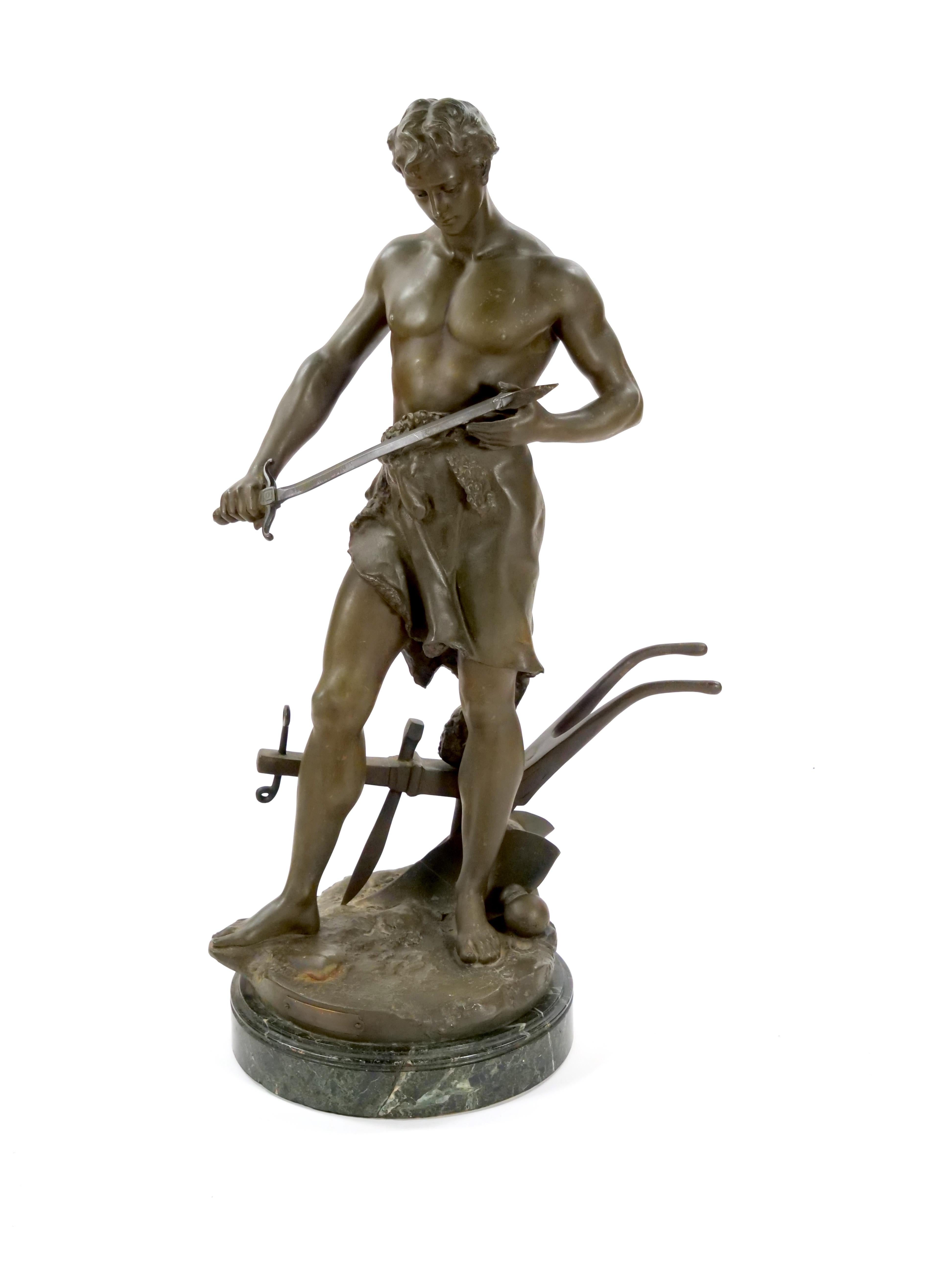Escultura antigua grande de mármol verde y bronce patinado - G. Germain, París 1907 en venta 9