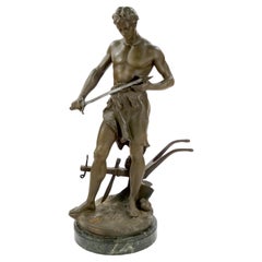 Escultura antigua grande de mármol verde y bronce patinado - G. Germain, París 1907