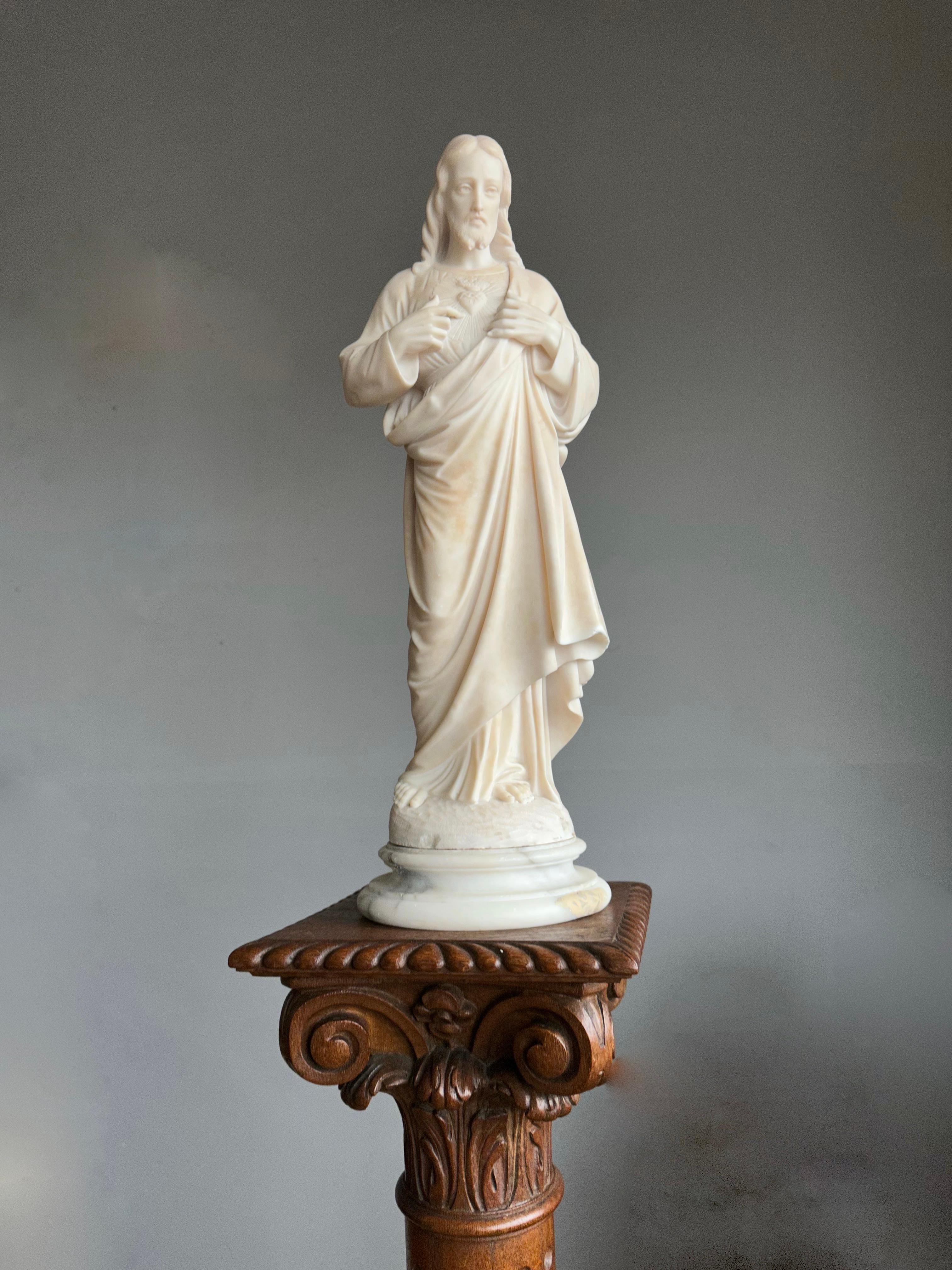 19th Century Antique & Large, Hand Carved Alabaster Sacred Heart of Christ Sculpture / Statue For Sale