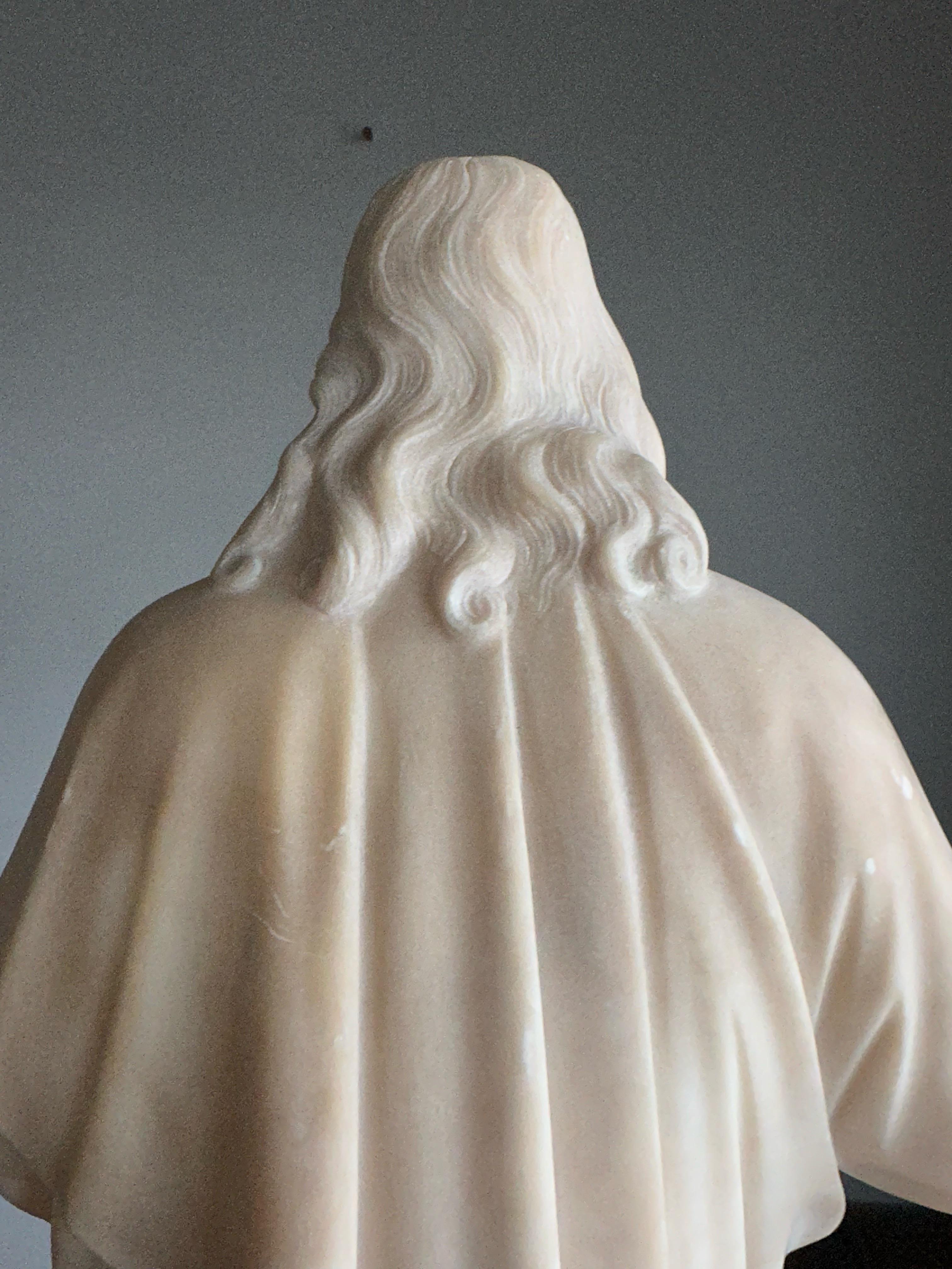 Antique & Large, Hand Carved Alabaster Sacred Heart of Christ Sculpture / Statue For Sale 4