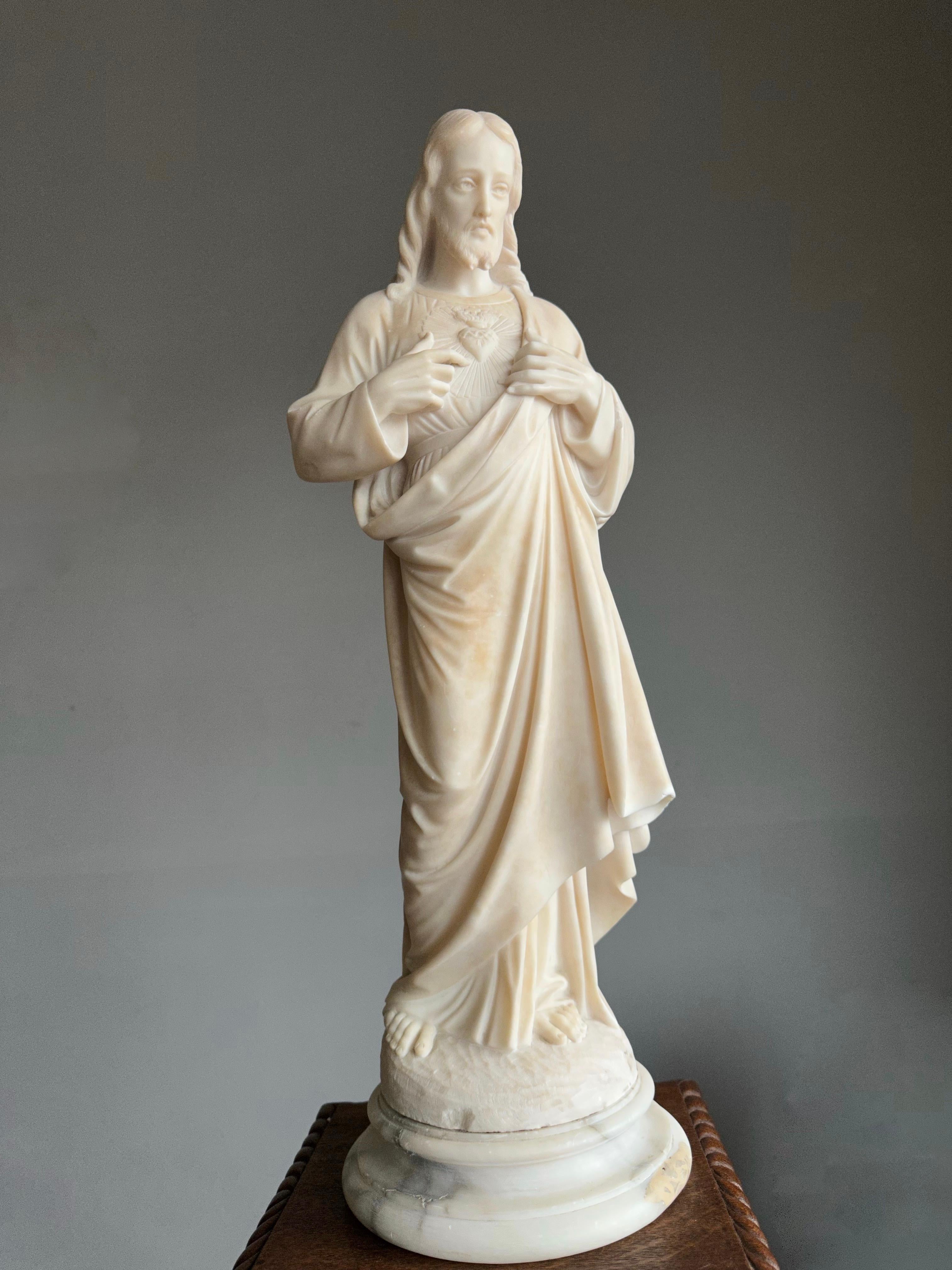 Antique & Large, Hand Carved Alabaster Sacred Heart of Christ Sculpture / Statue For Sale 6