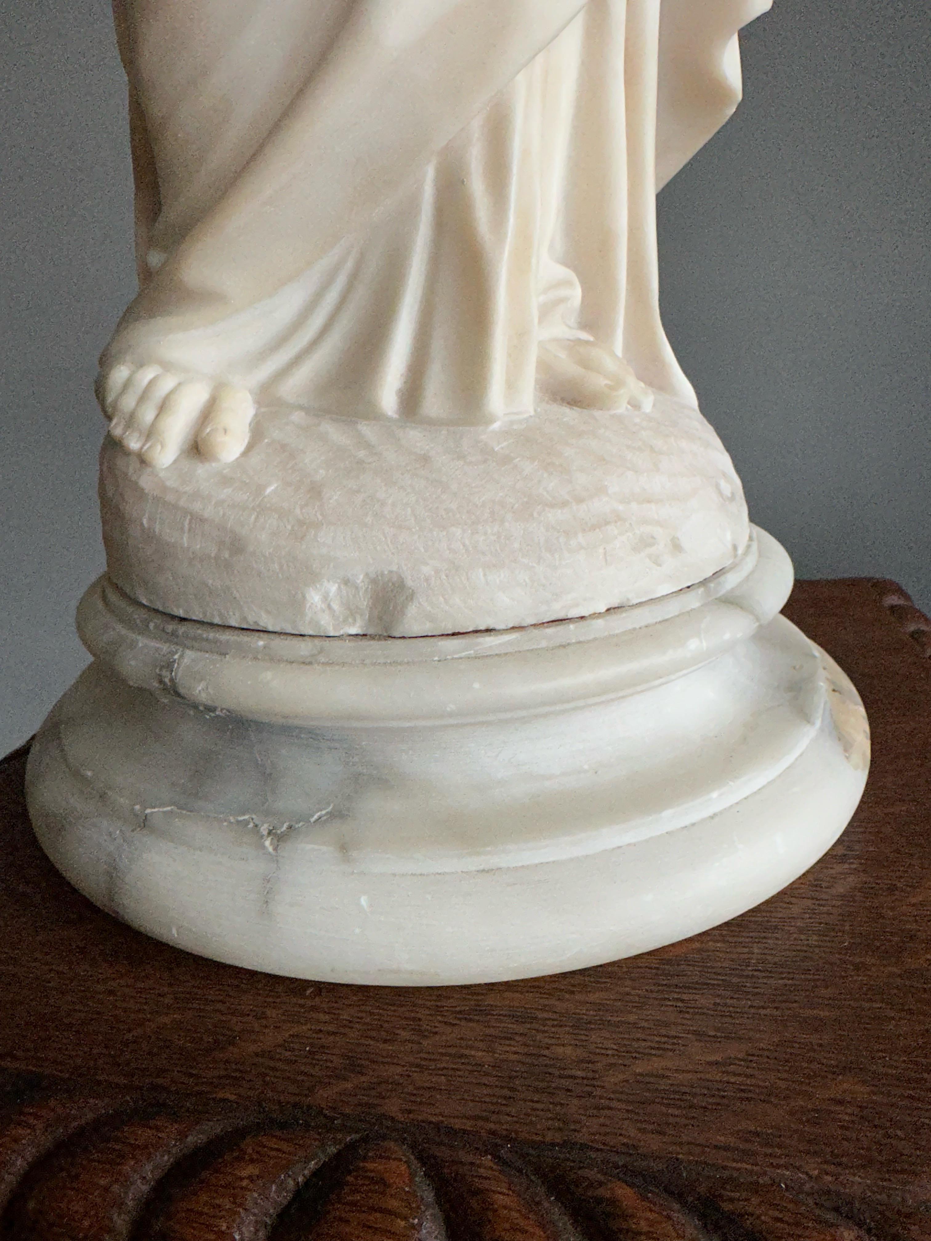 Antique & Large, Hand Carved Alabaster Sacred Heart of Christ Sculpture / Statue For Sale 7
