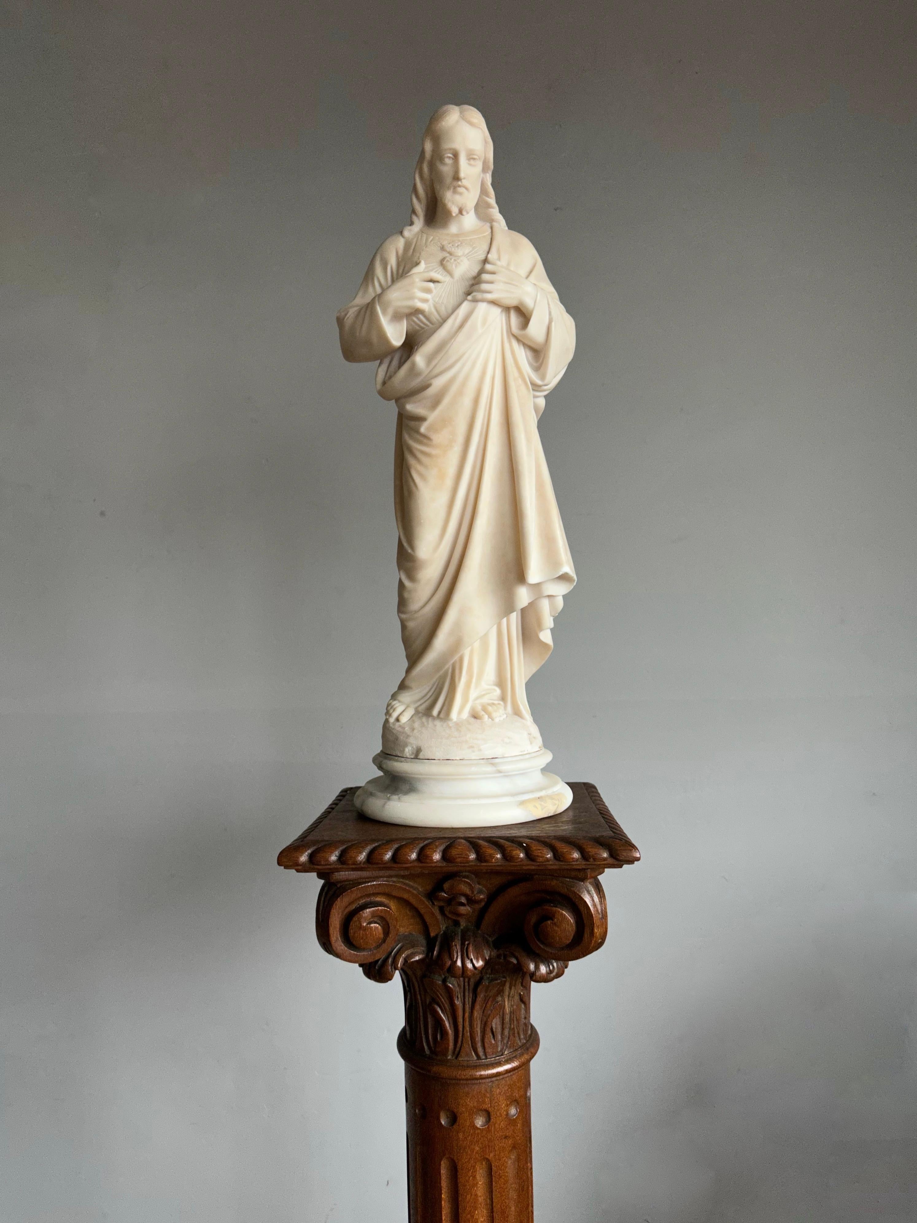 Antique & Large, Hand Carved Alabaster Sacred Heart of Christ Sculpture / Statue For Sale 8