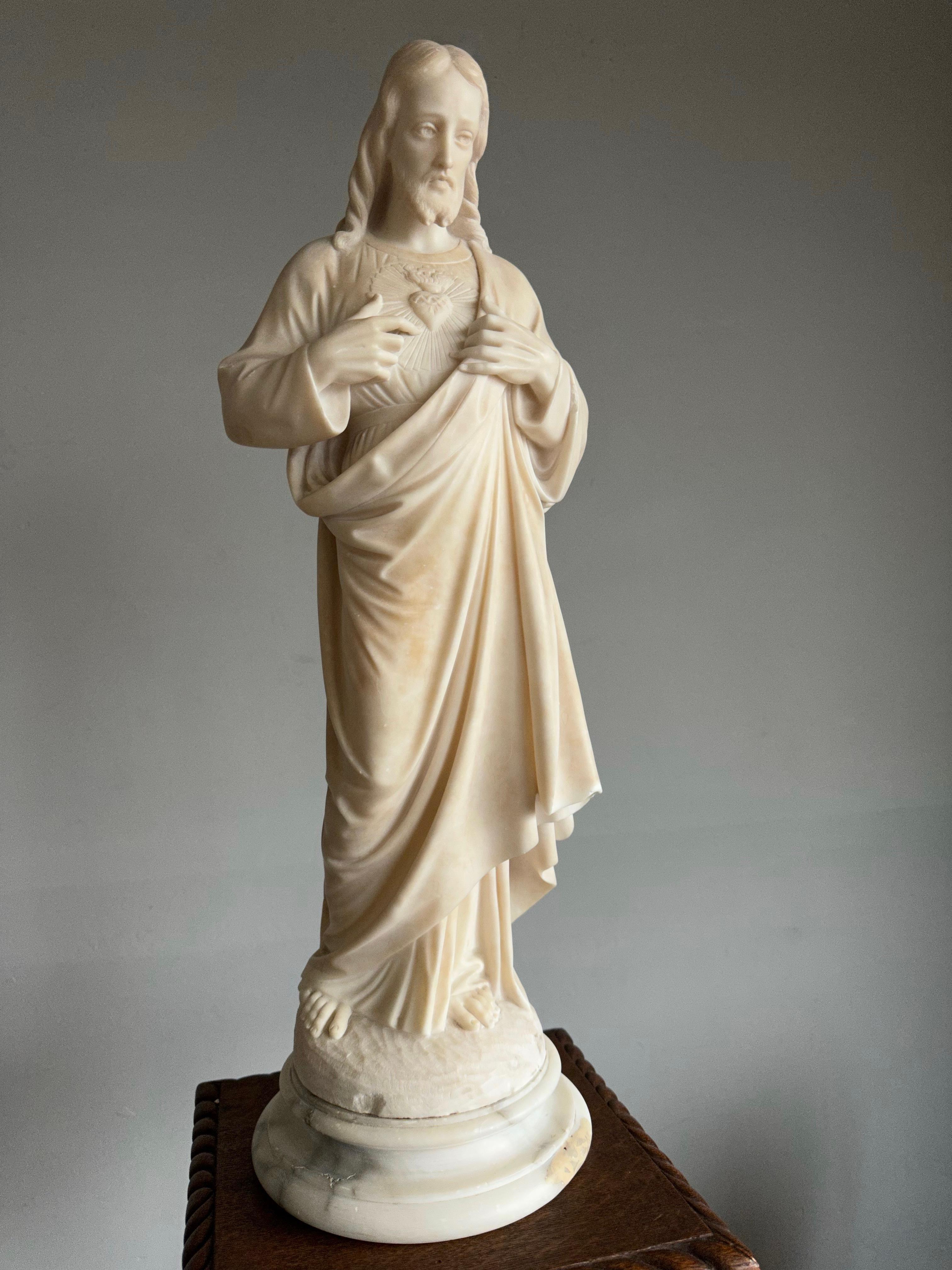 Antique & Large, Hand Carved Alabaster Sacred Heart of Christ Sculpture / Statue For Sale 9