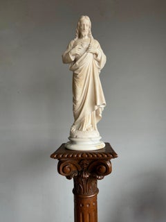 Antique & Large, Hand Carved Alabaster Sacred Heart of Christ Sculpture / Statue