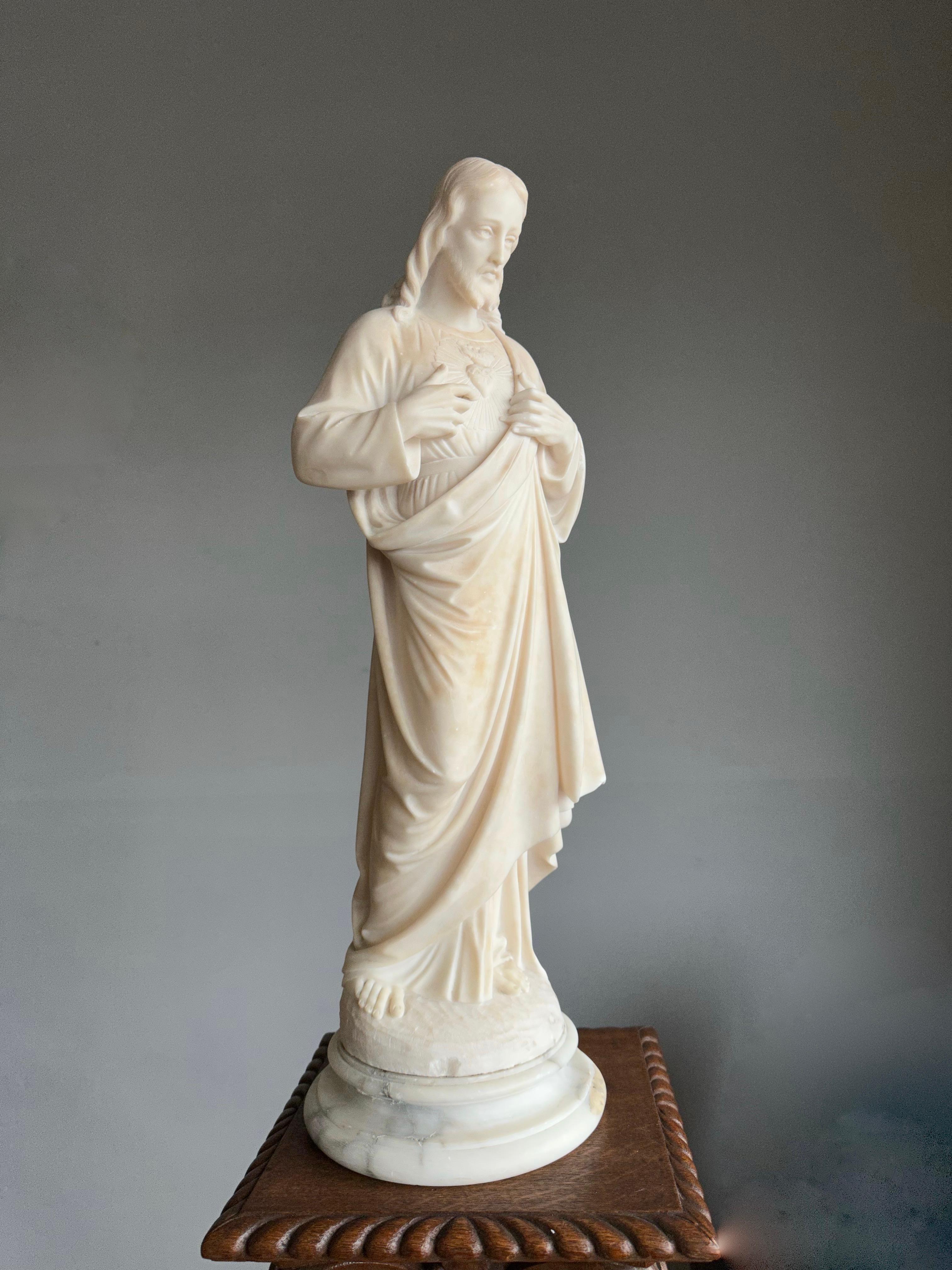 Antique & Large, Hand Carved Alabaster Sacred Heart of Christ Sculpture / Statue For Sale 10