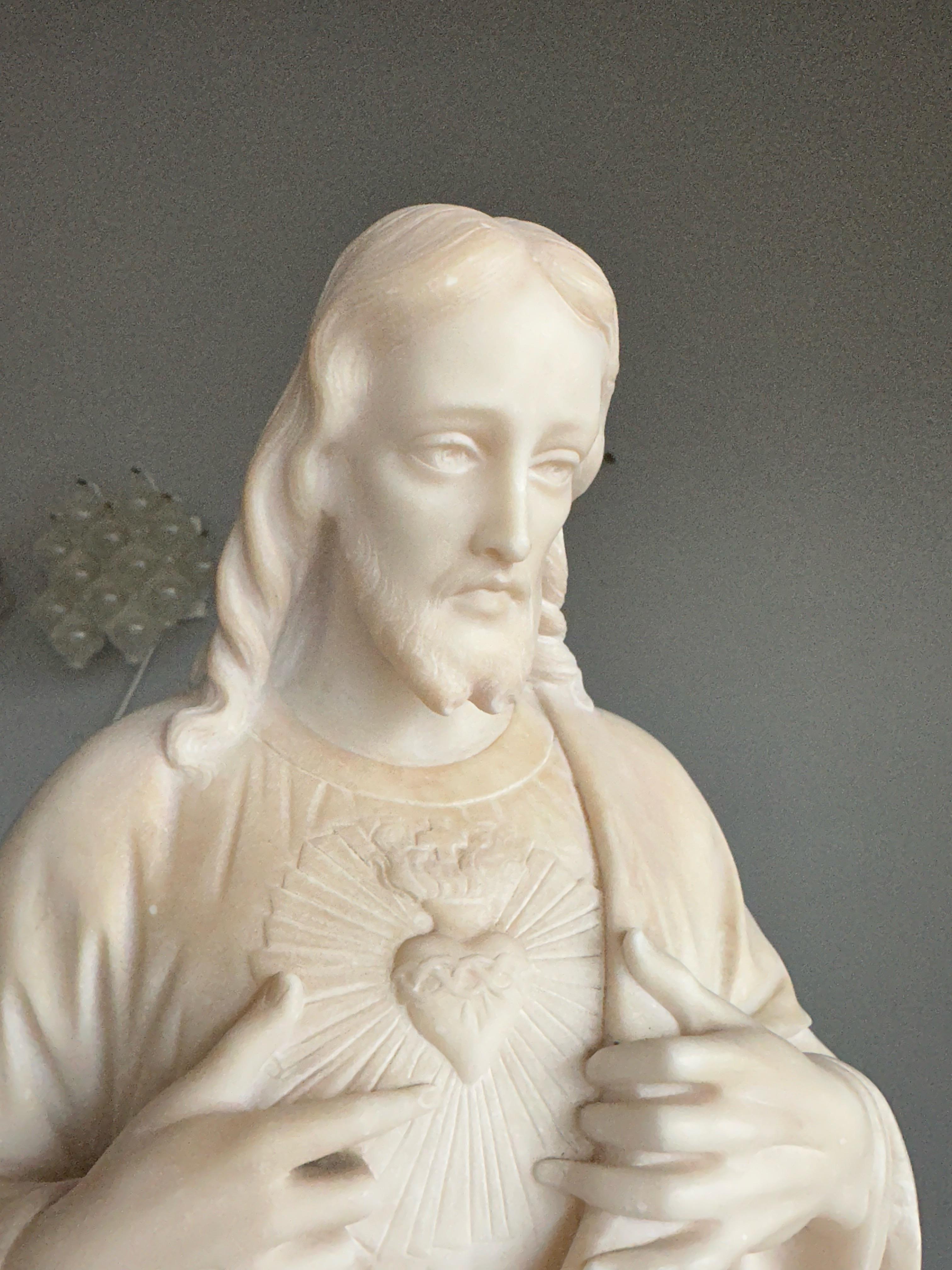 Arts and Crafts Antique & Large, Hand Carved Alabaster Sacred Heart of Christ Sculpture / Statue For Sale