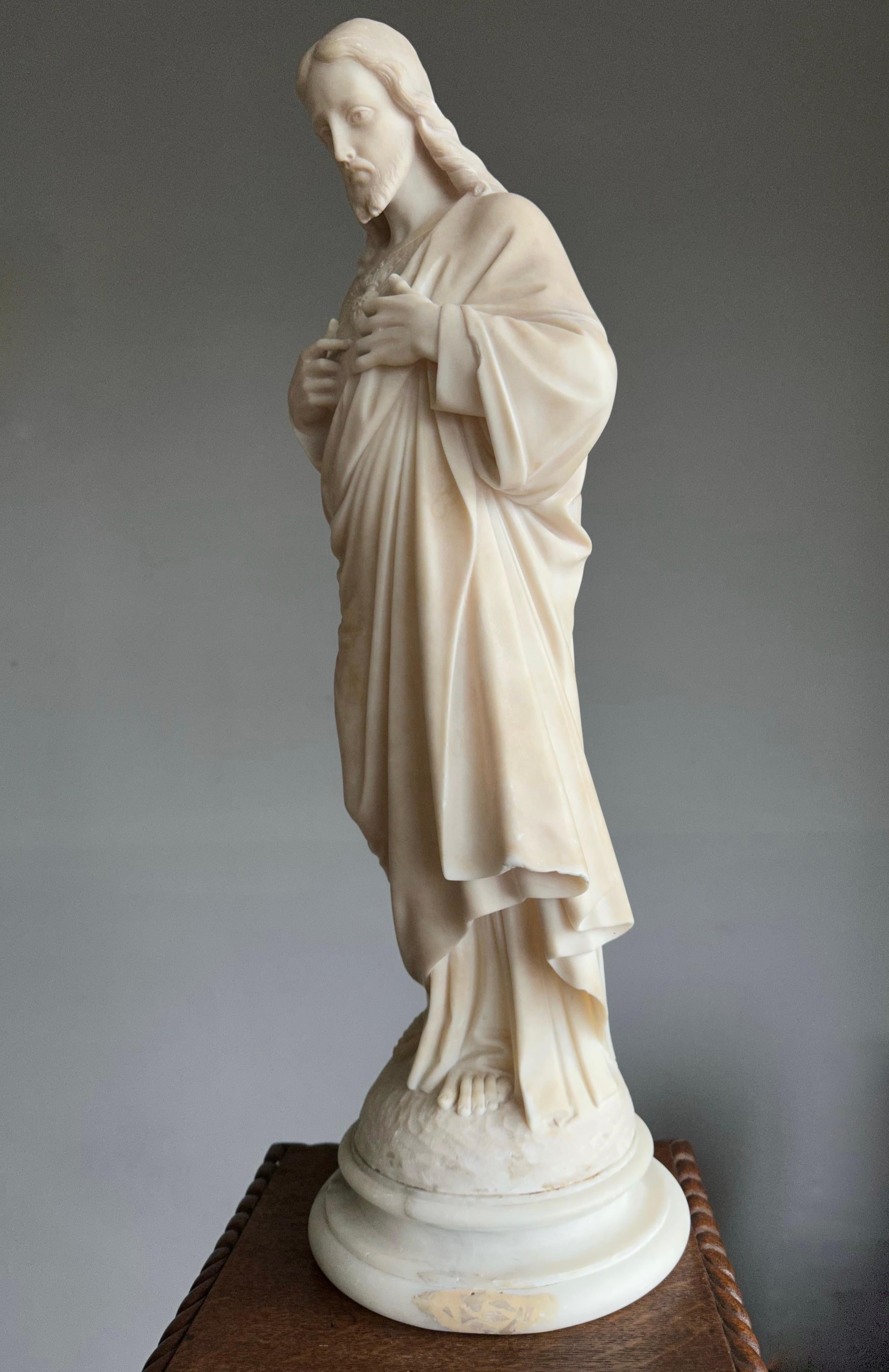 Hand-Carved Antique & Large, Hand Carved Alabaster Sacred Heart of Christ Sculpture / Statue For Sale