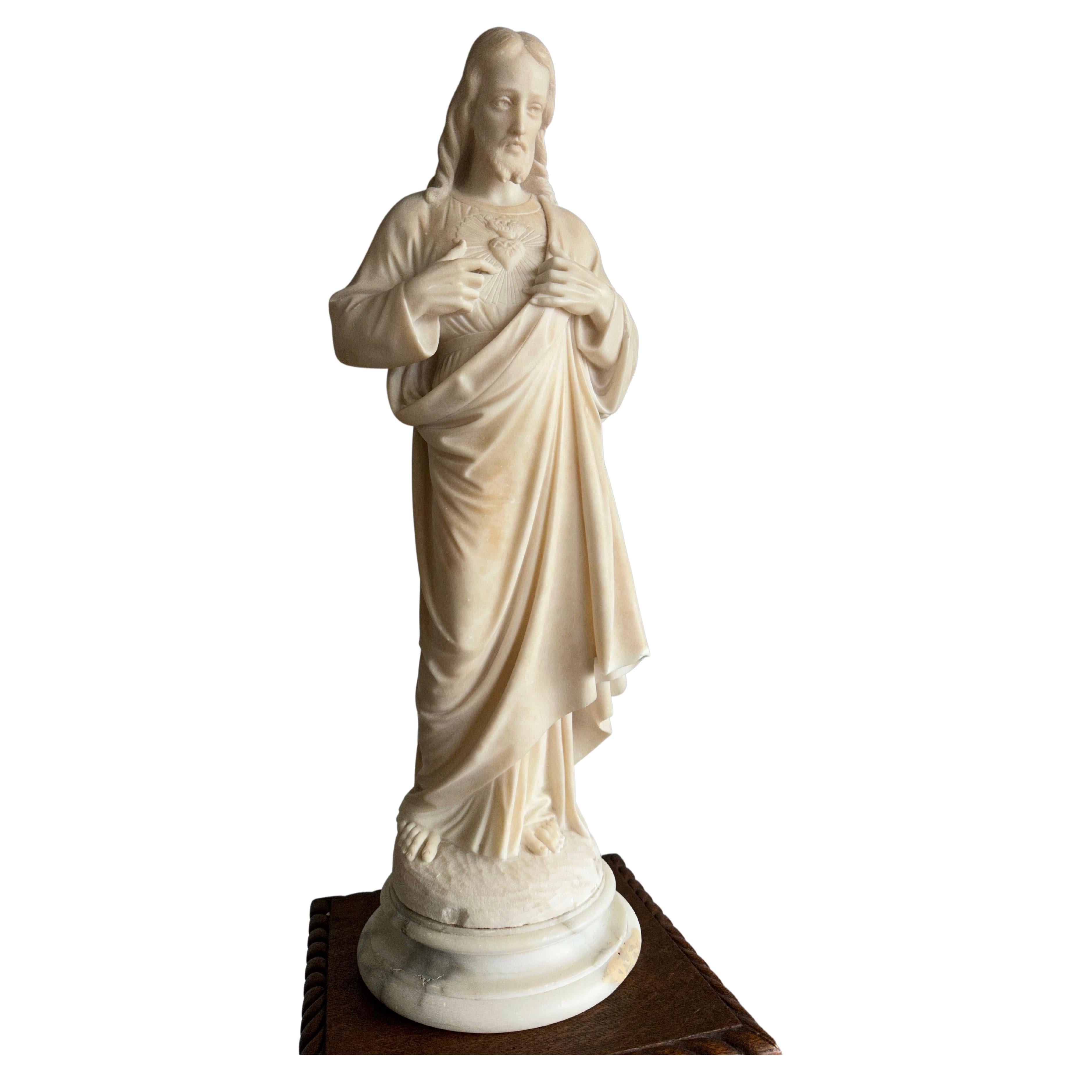 Antique & Large, Hand Carved Alabaster Sacred Heart of Christ Sculpture / Statue For Sale