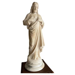 Antique & Large, Hand Carved Alabaster Sacred Heart of Christ Sculpture / Statue