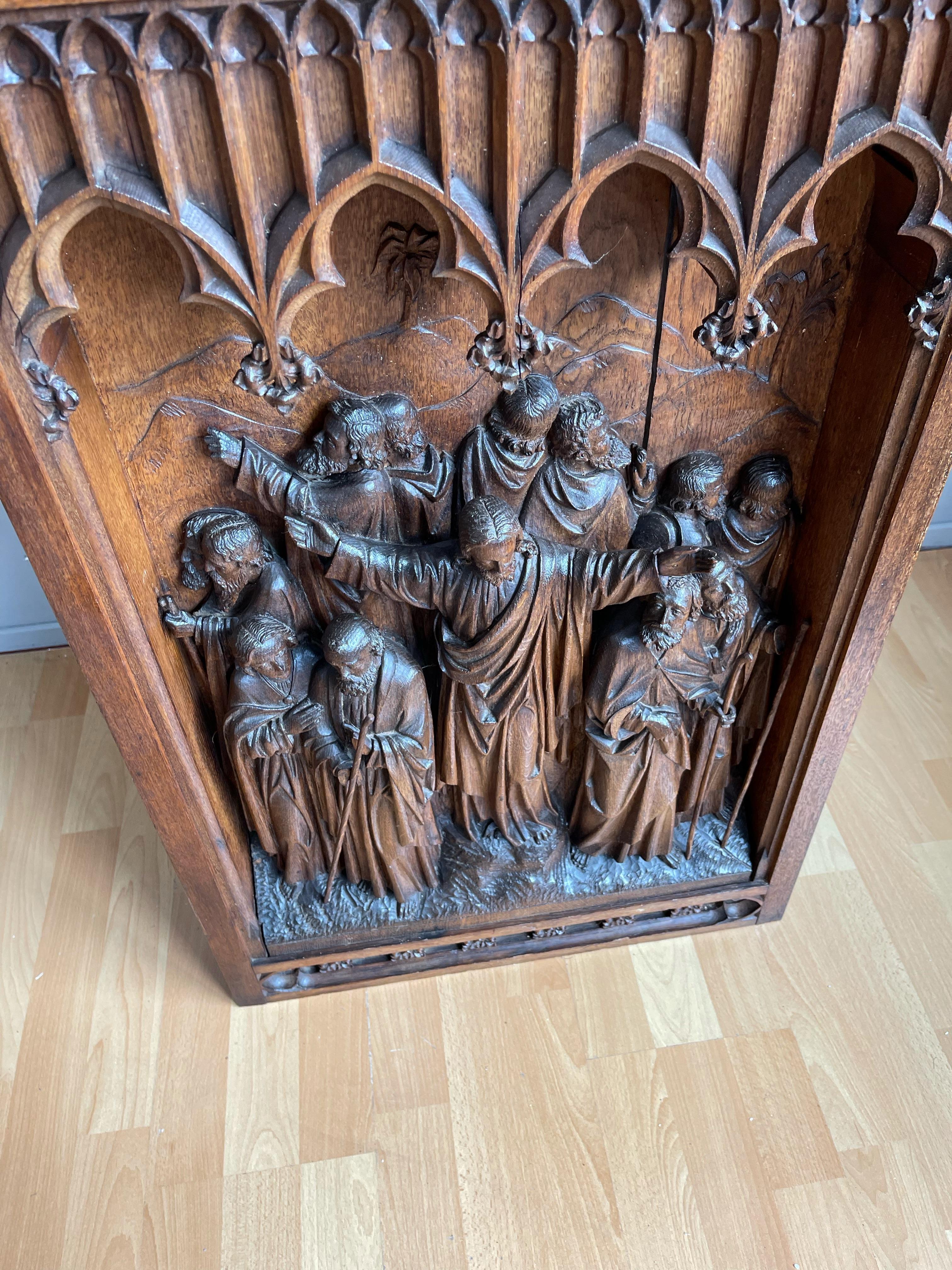 Antique Large Hand Carved Oak Gothic Art Panel, Depicting Christ and 12 Apostles For Sale 2