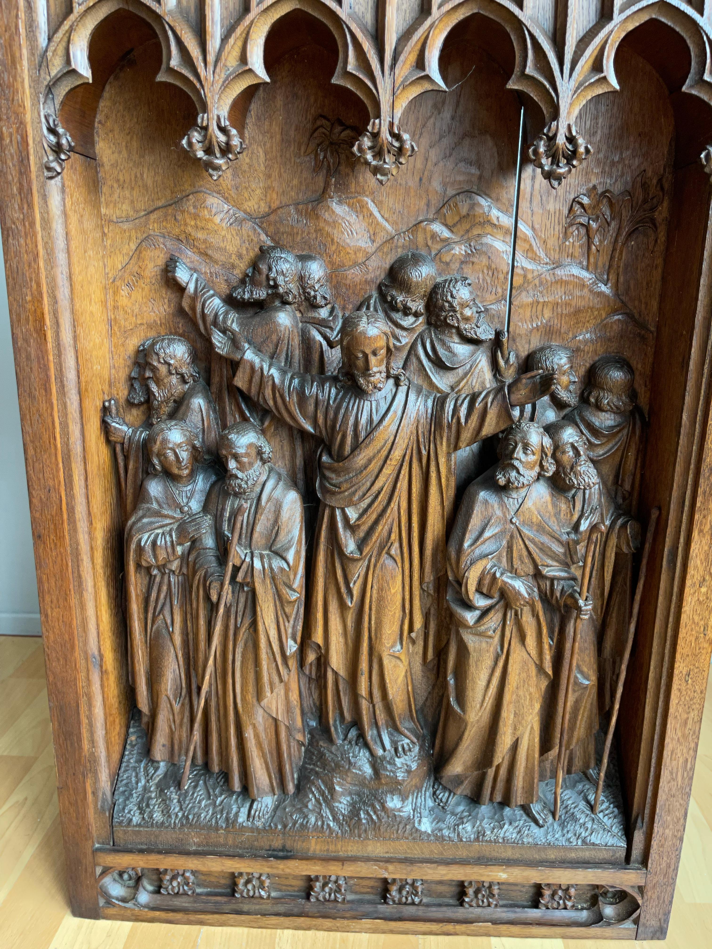 Antique Large Hand Carved Oak Gothic Art Panel, Depicting Christ and 12 Apostles For Sale 4