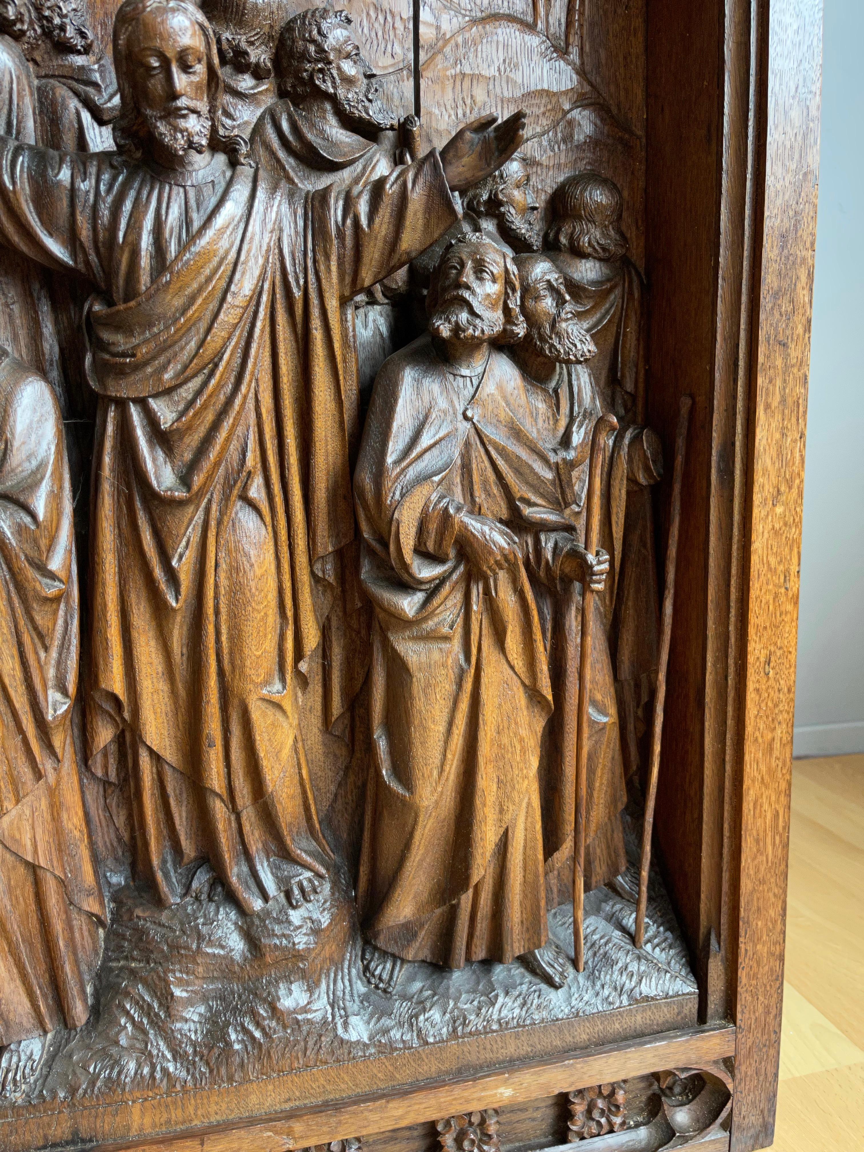 Antique Large Hand Carved Oak Gothic Art Panel, Depicting Christ and 12 Apostles For Sale 5