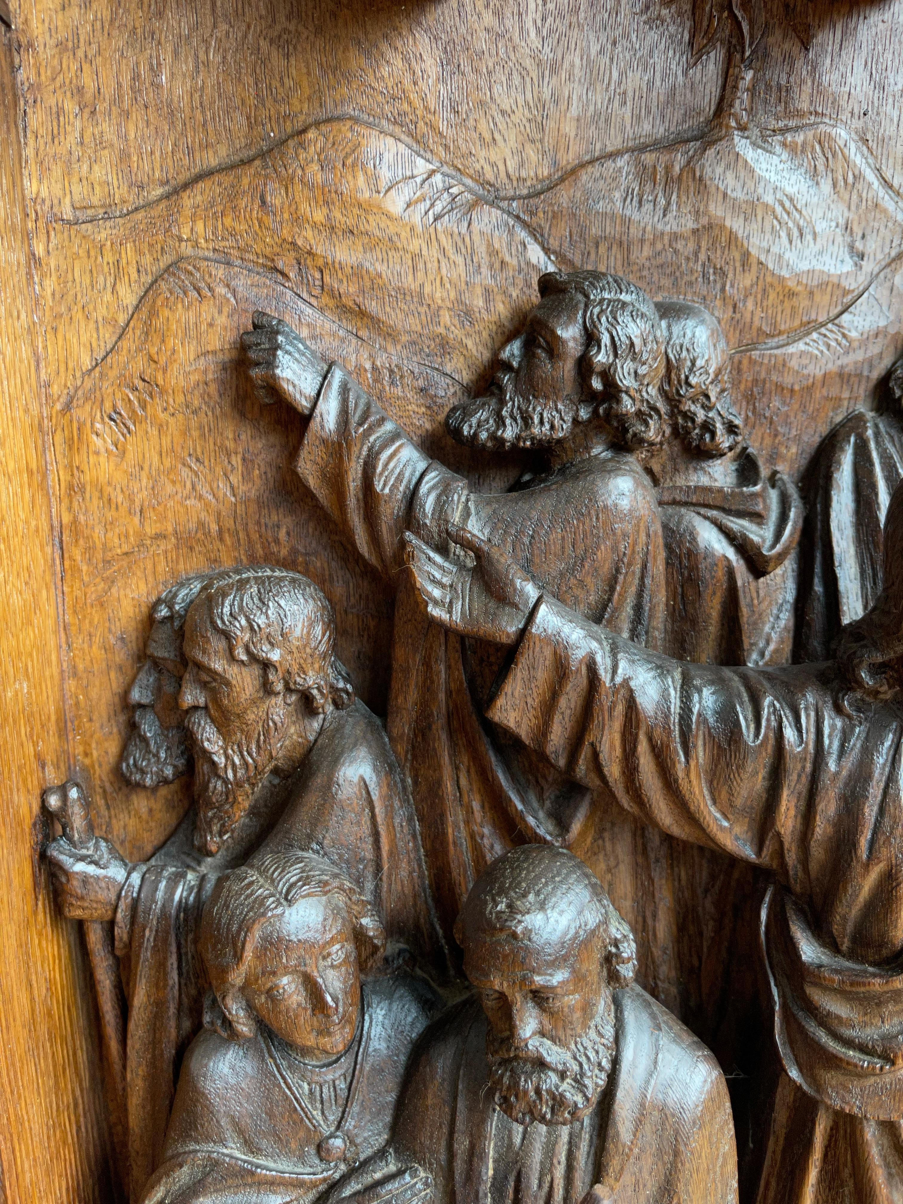 Antike, große, handgeschnitzte, gotische Kunsttafel aus Eichenholz, die Christus und 12 Aposteln darstellt im Angebot 10