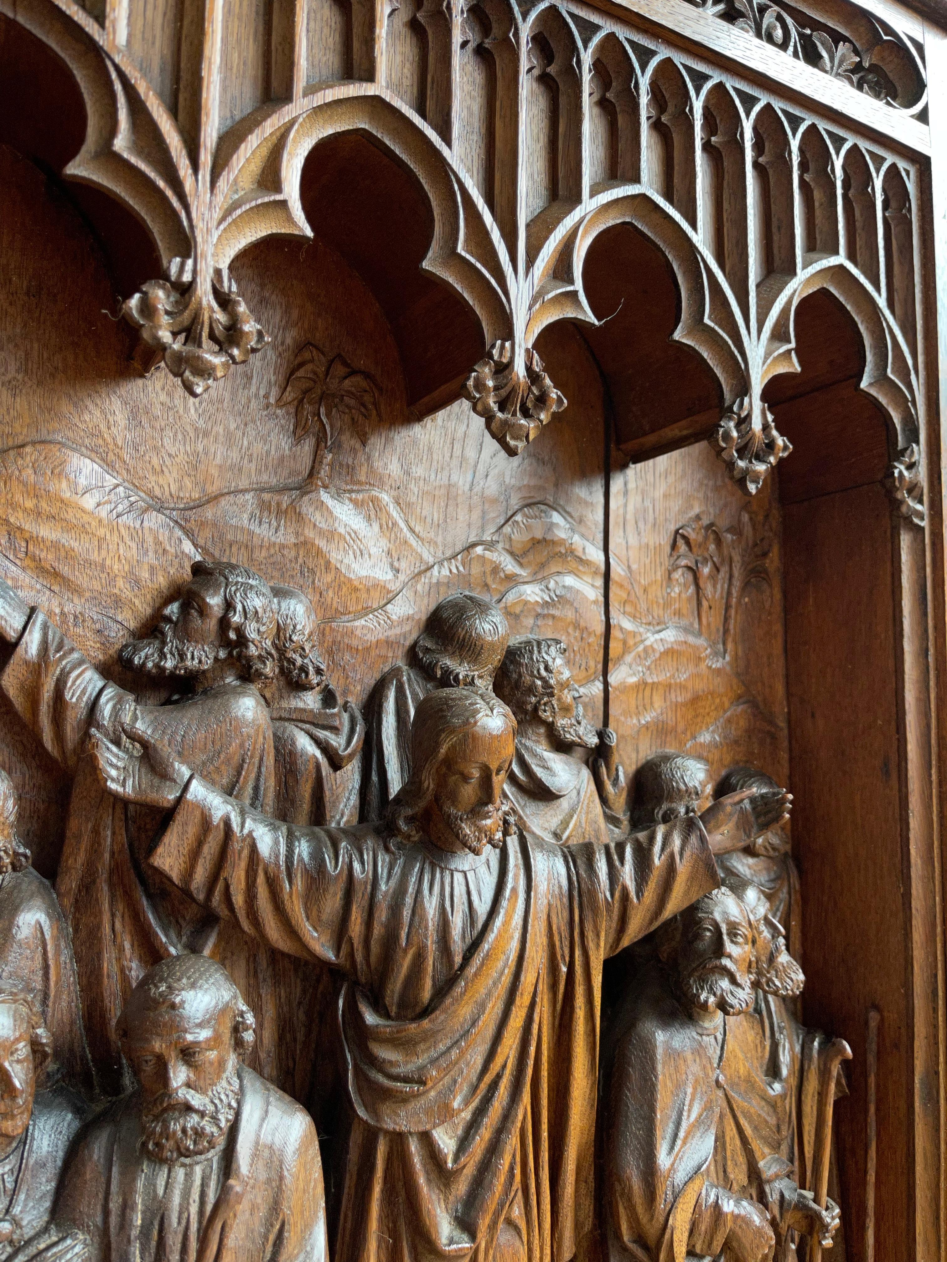 Antique Large Hand Carved Oak Gothic Art Panel, Depicting Christ and 12 Apostles For Sale 8