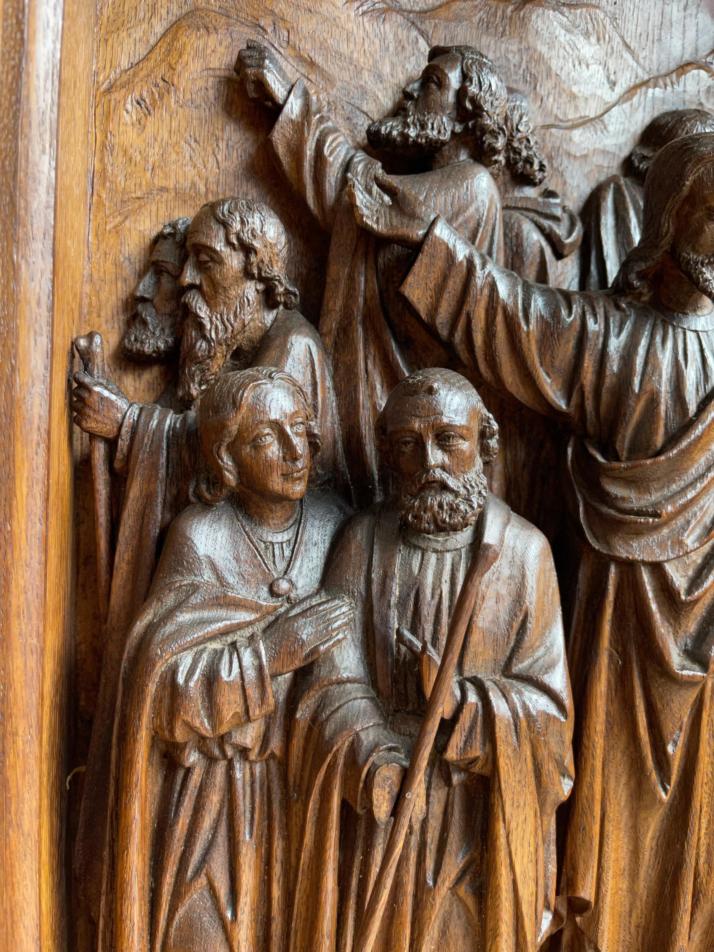 Dutch Antique Large Hand Carved Oak Gothic Art Panel, Depicting Christ and 12 Apostles For Sale