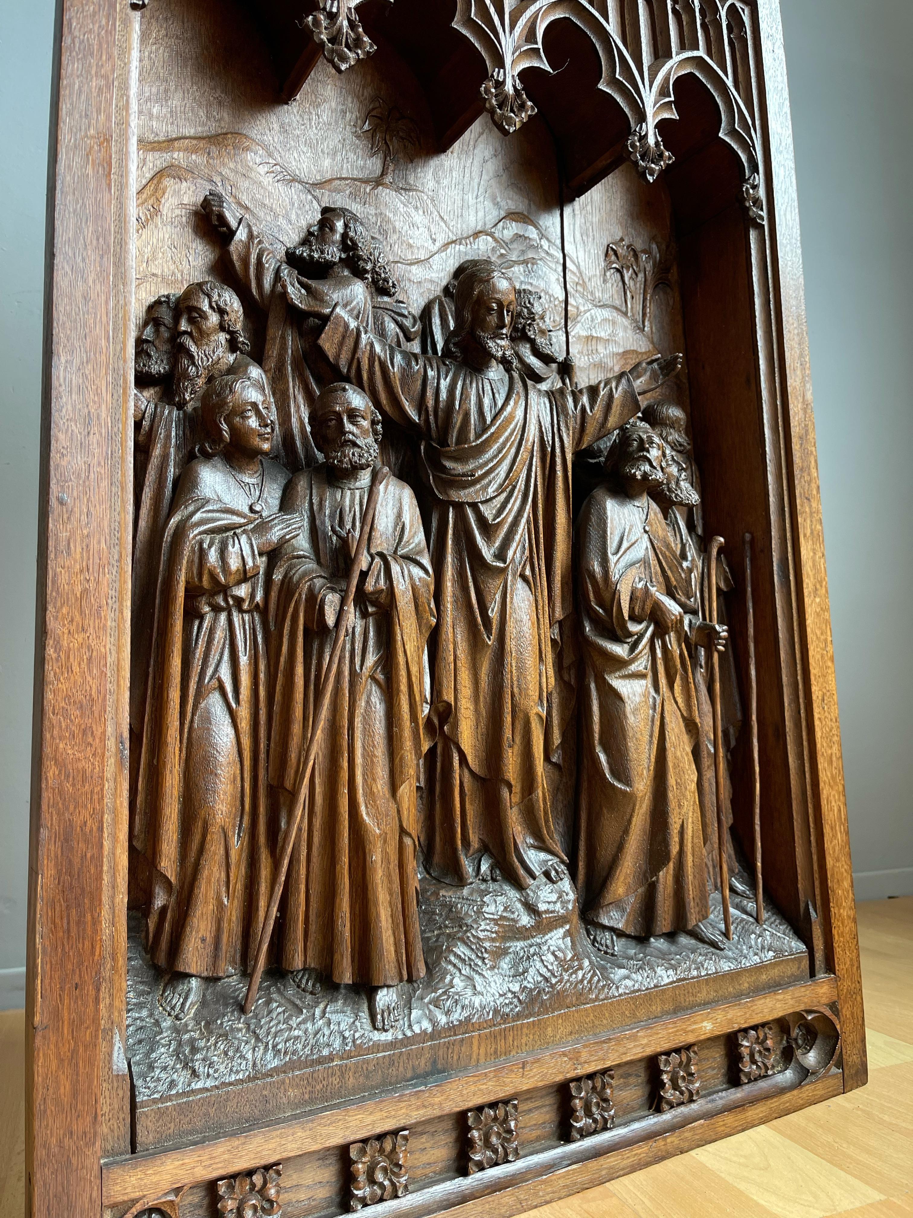 Hand-Crafted Antique Large Hand Carved Oak Gothic Art Panel, Depicting Christ and 12 Apostles For Sale