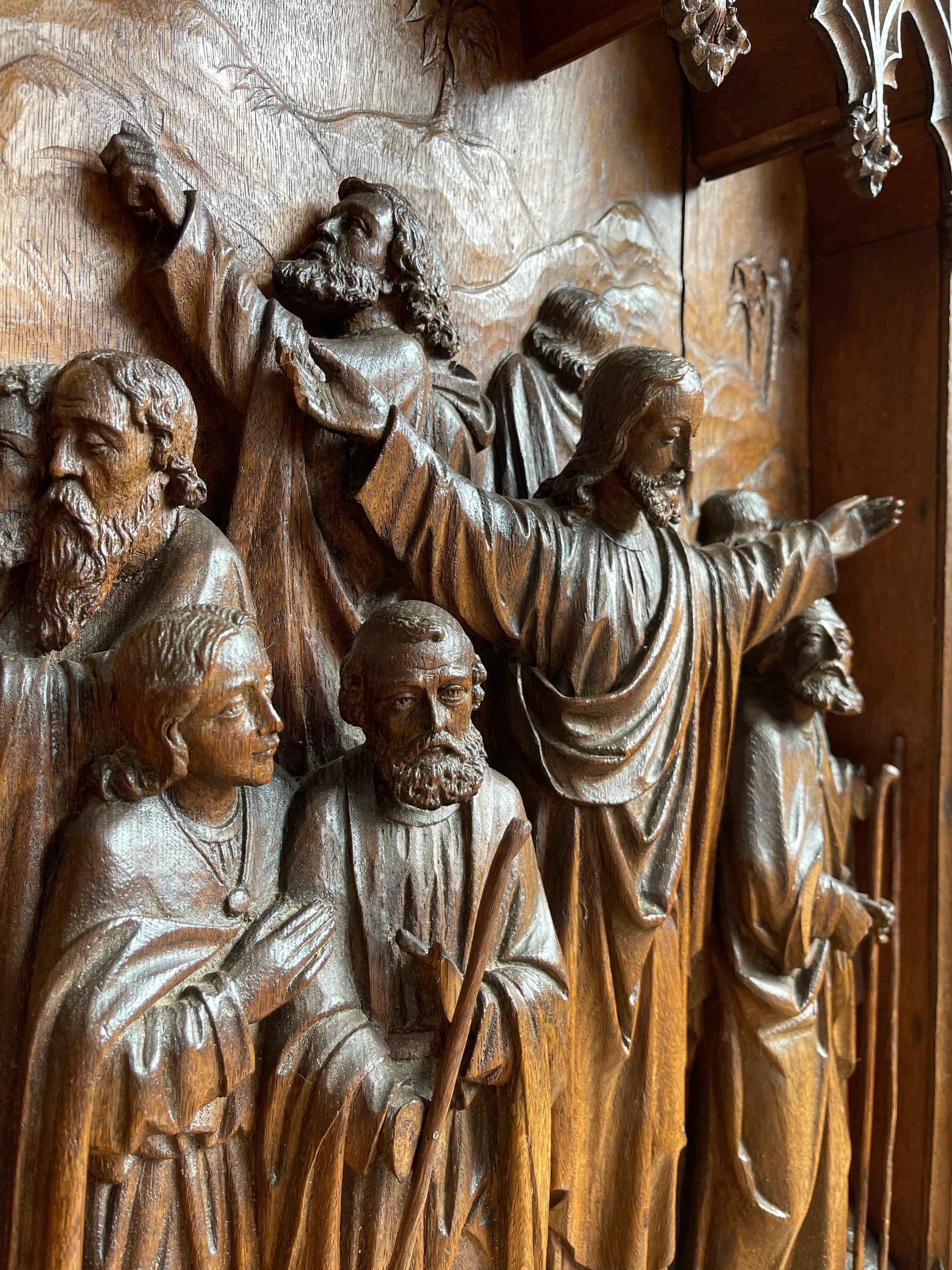Antique Large Hand Carved Oak Gothic Art Panel, Depicting Christ and 12 Apostles In Good Condition For Sale In Lisse, NL