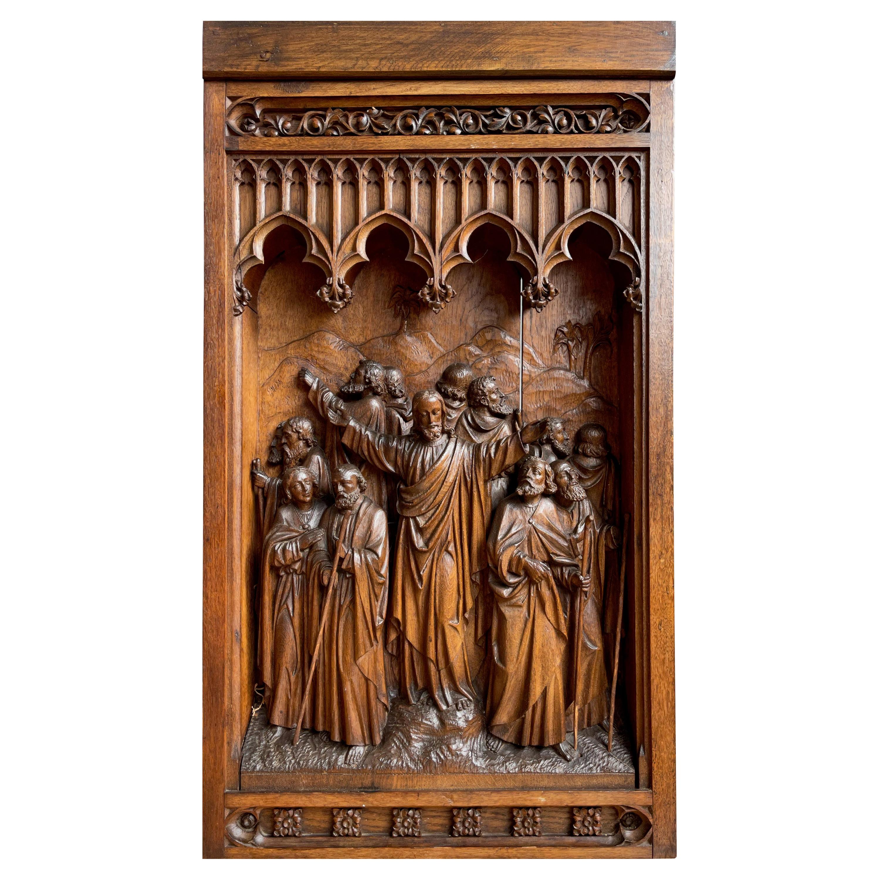 Antique Large Hand Carved Oak Gothic Art Panel, Depicting Christ and 12 Apostles