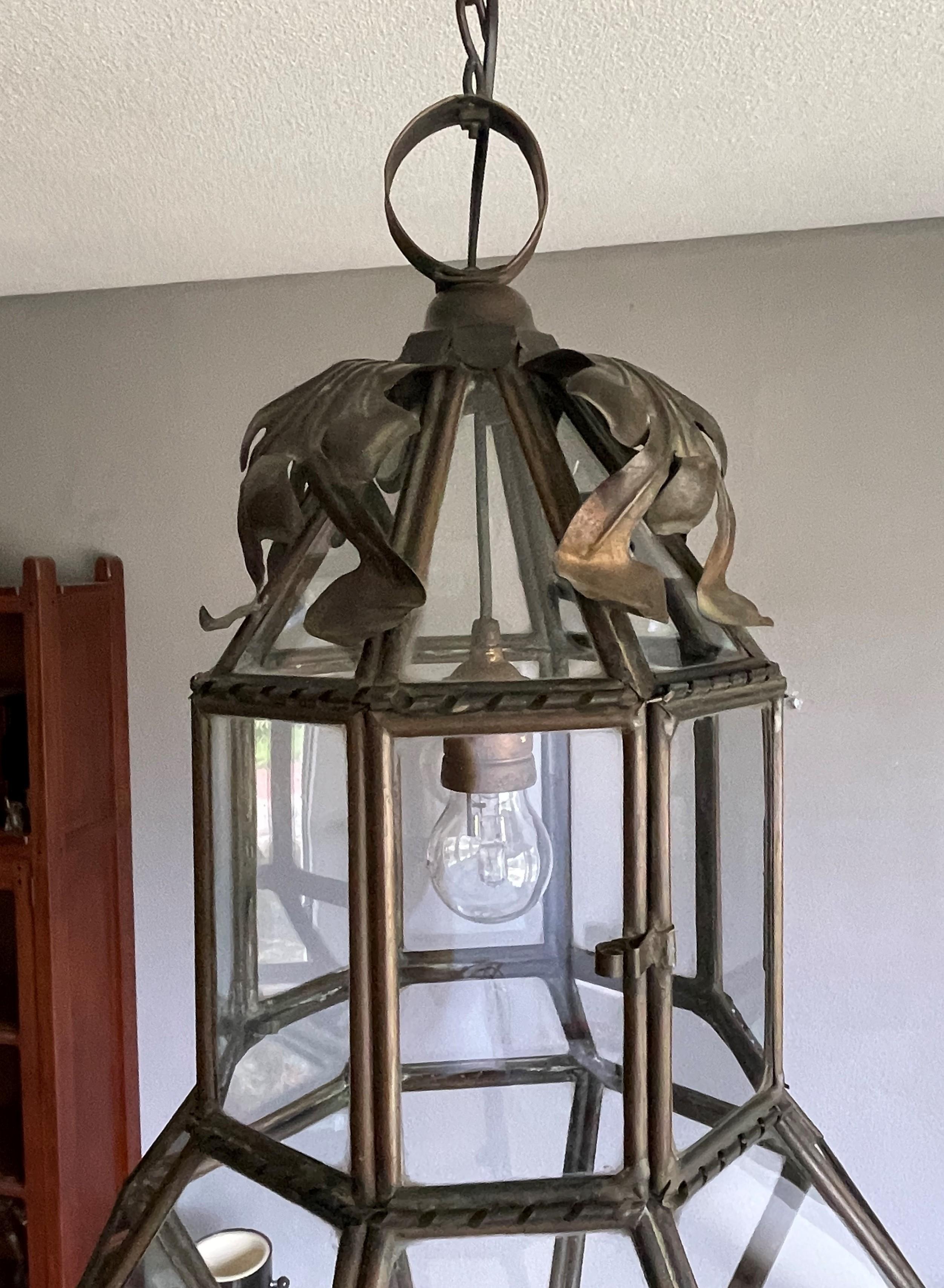 Antique Large Hand Crafted Brass & Glass Victorian Hall Lantern / Pendant Light 3