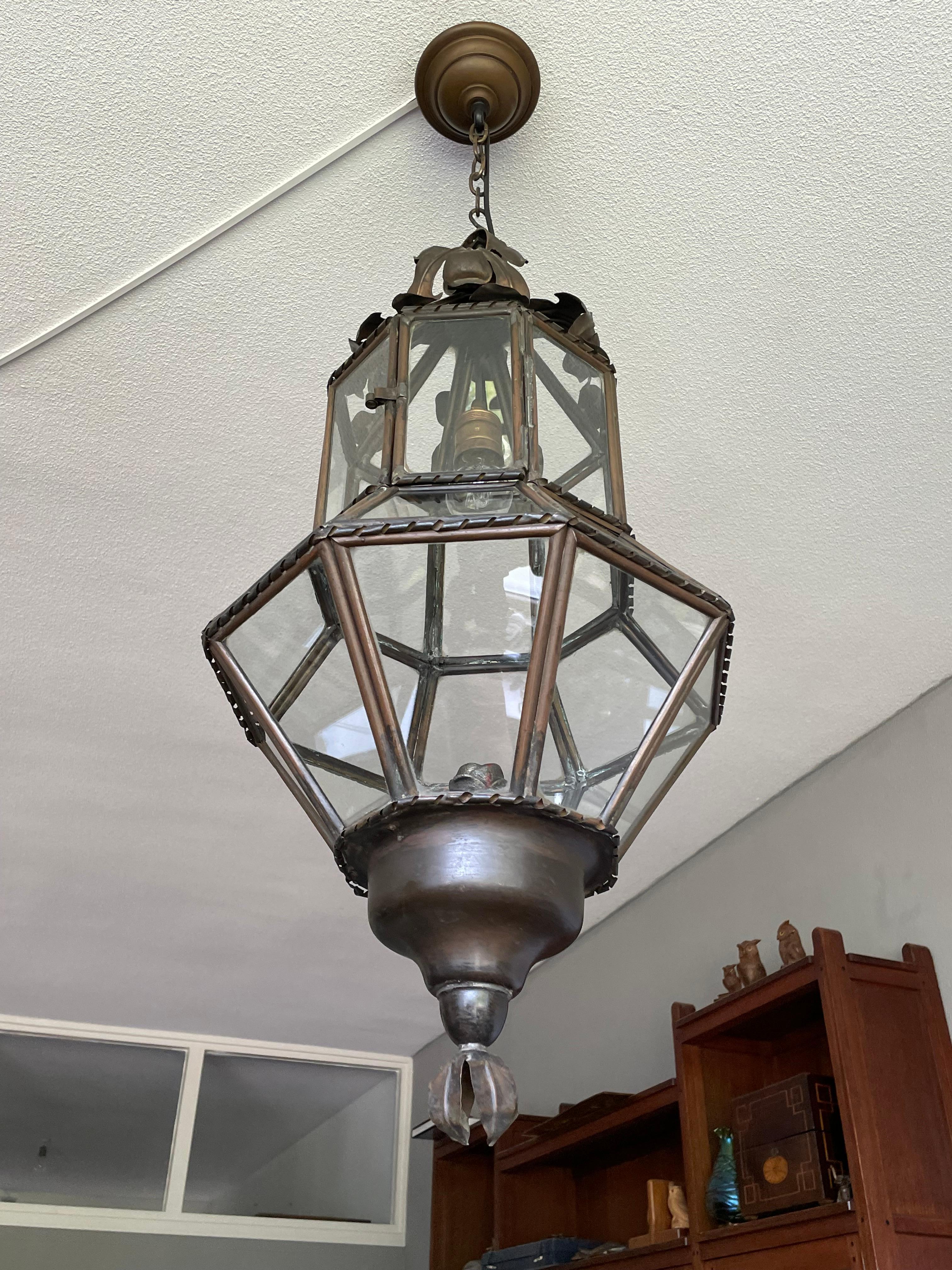 Antique Large Hand Crafted Brass & Glass Victorian Hall Lantern / Pendant Light 6