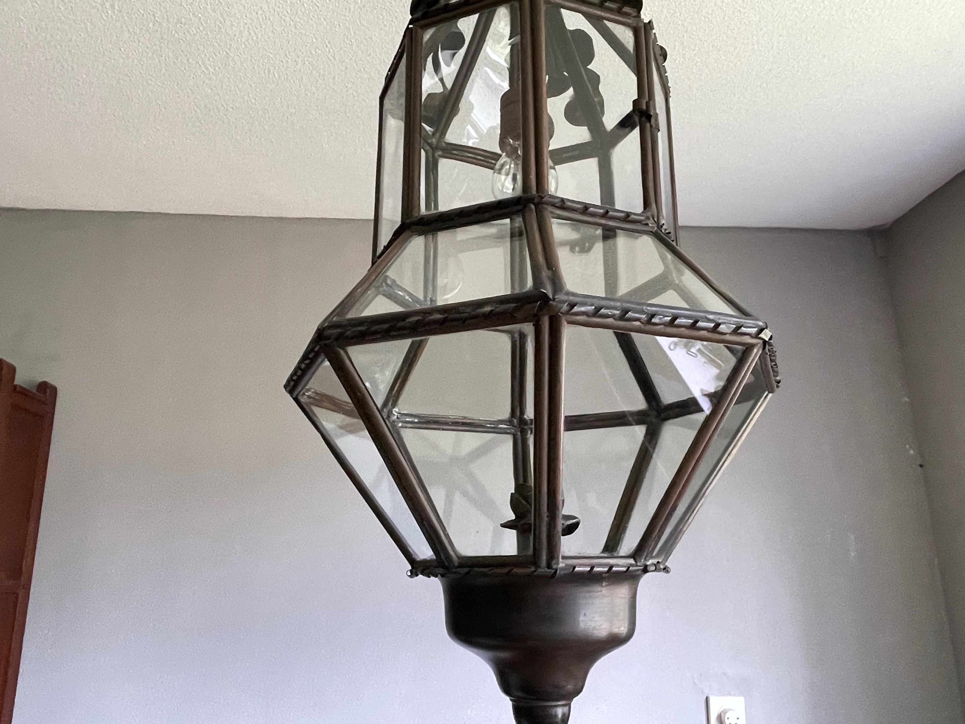 Antique Large Hand Crafted Brass & Glass Victorian Hall Lantern / Pendant Light 8