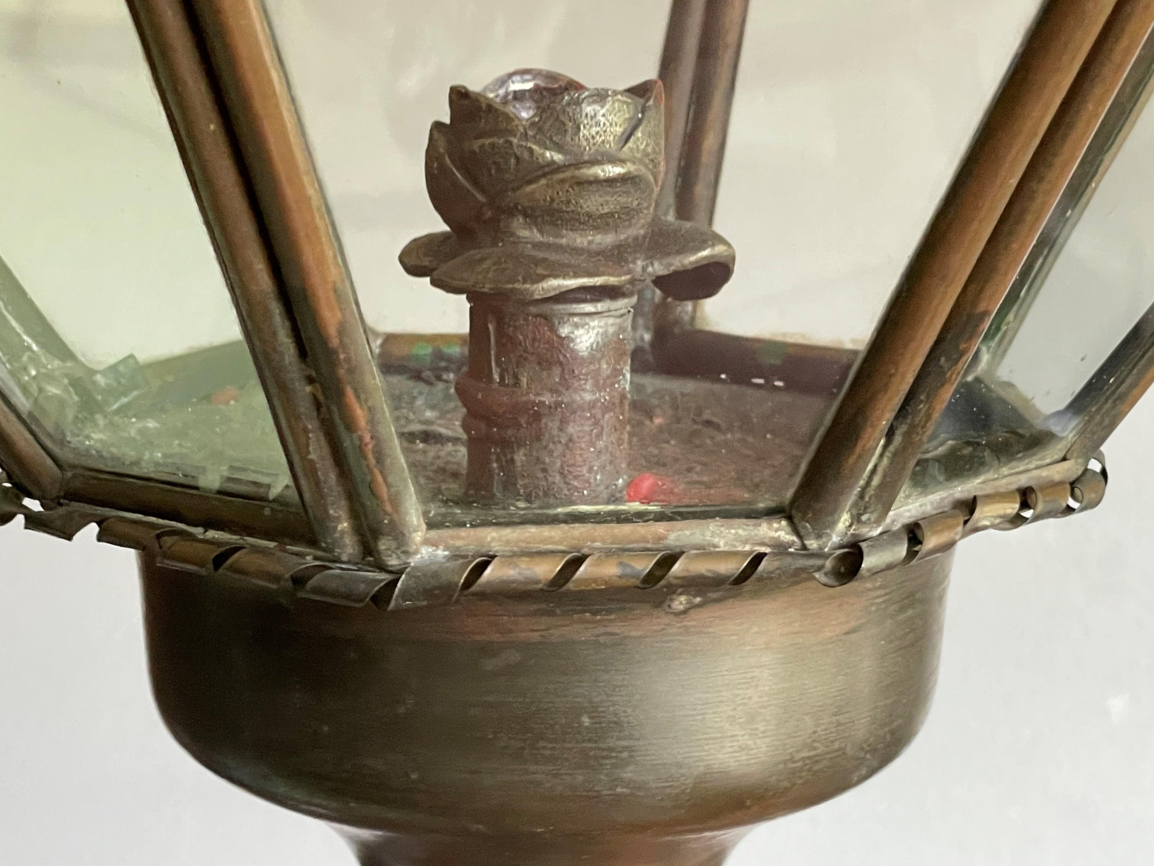 Antique Large Hand Crafted Brass & Glass Victorian Hall Lantern / Pendant Light 9
