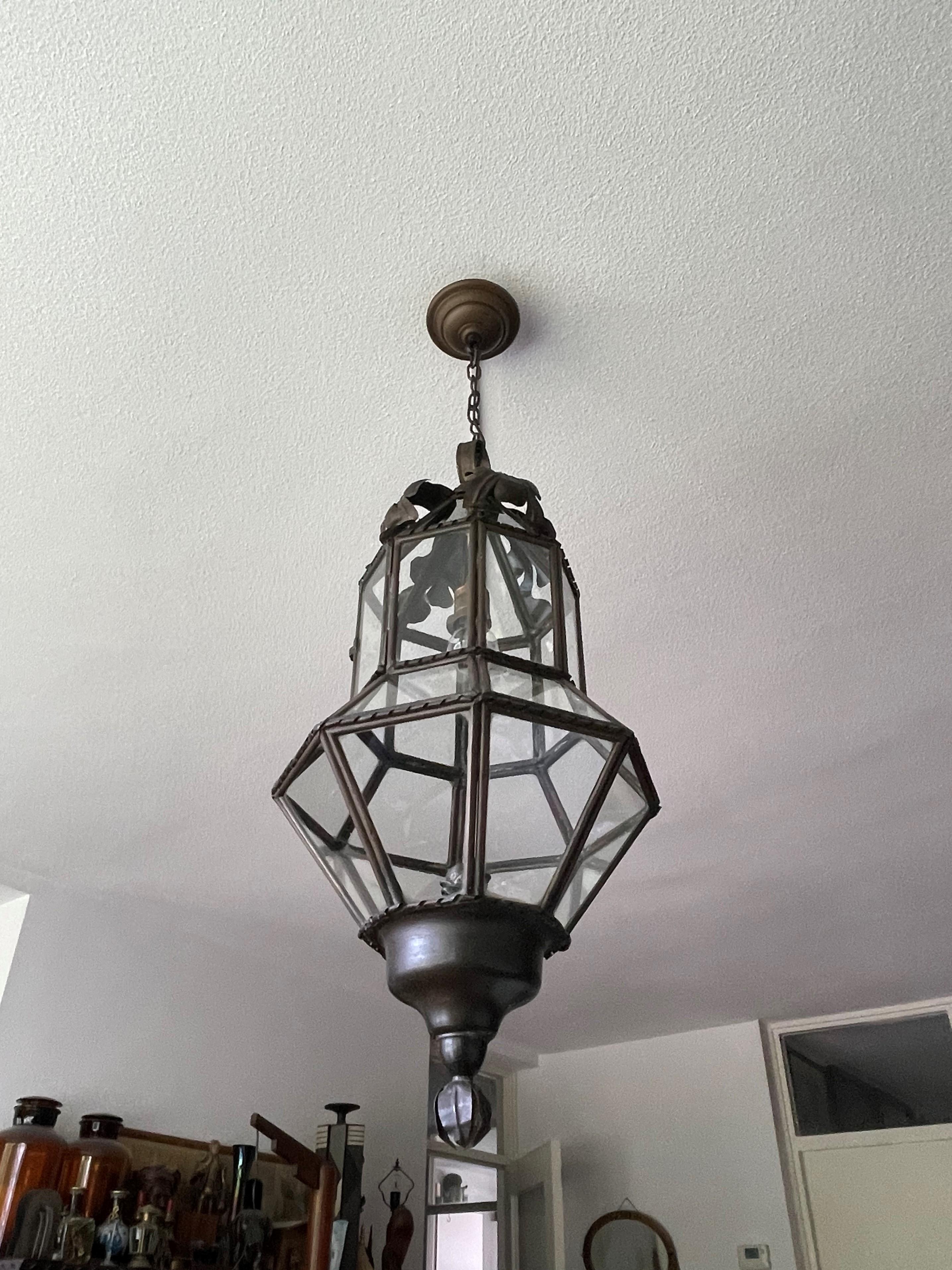 Antique Large Hand Crafted Brass & Glass Victorian Hall Lantern / Pendant Light 11