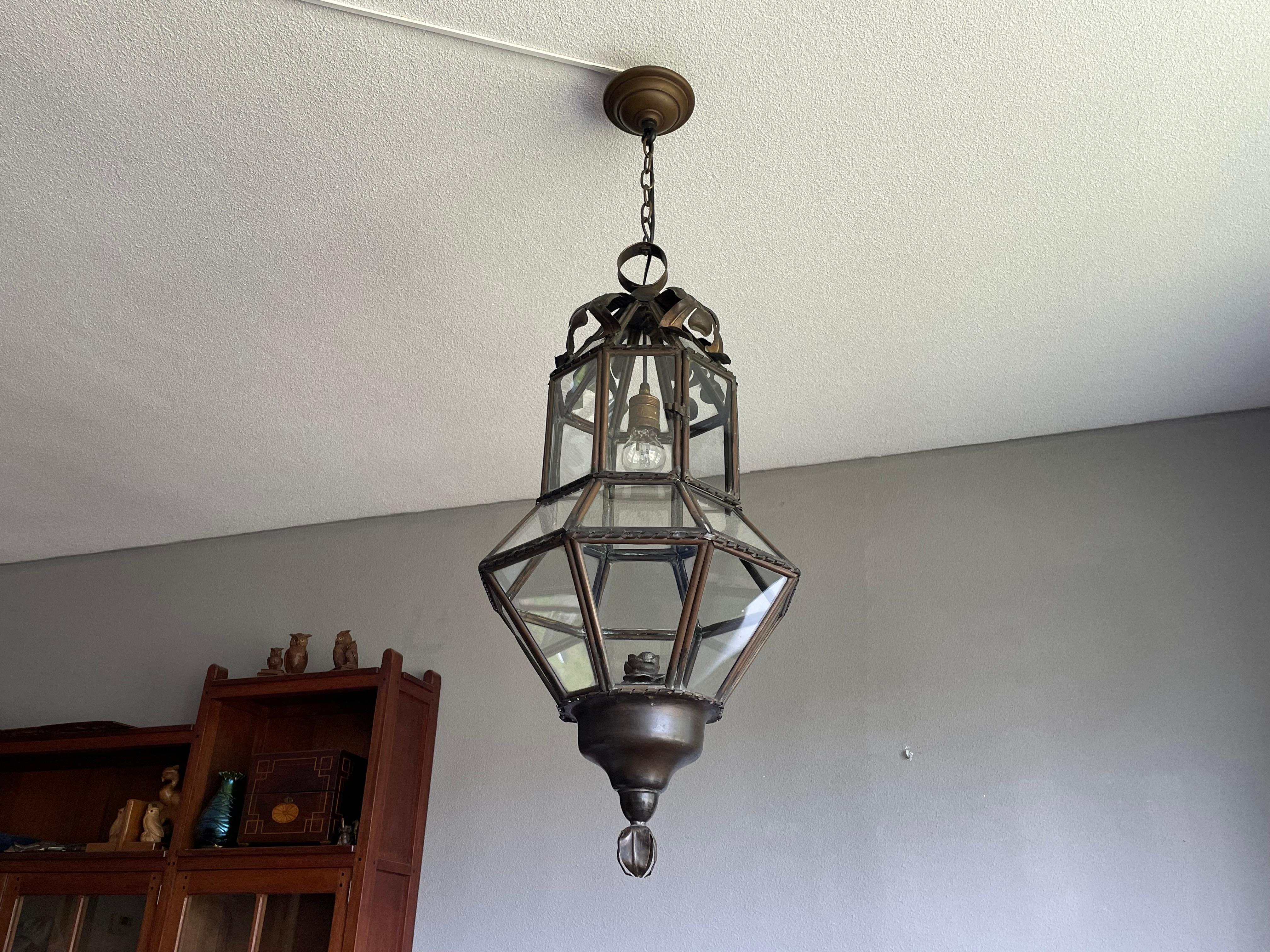 Antique Large Hand Crafted Brass & Glass Victorian Hall Lantern / Pendant Light 12