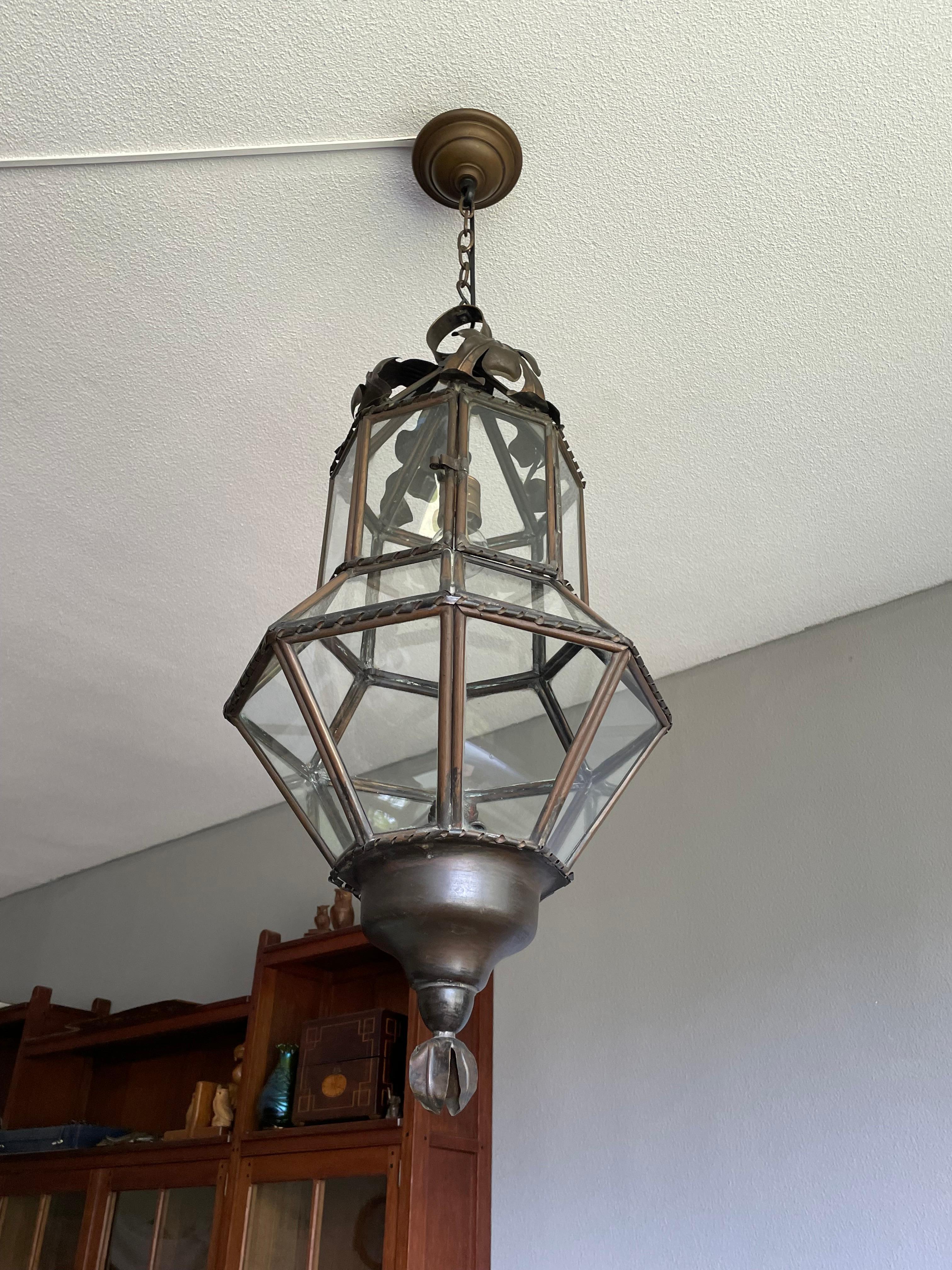 19th Century Antique Large Hand Crafted Brass & Glass Victorian Hall Lantern / Pendant Light