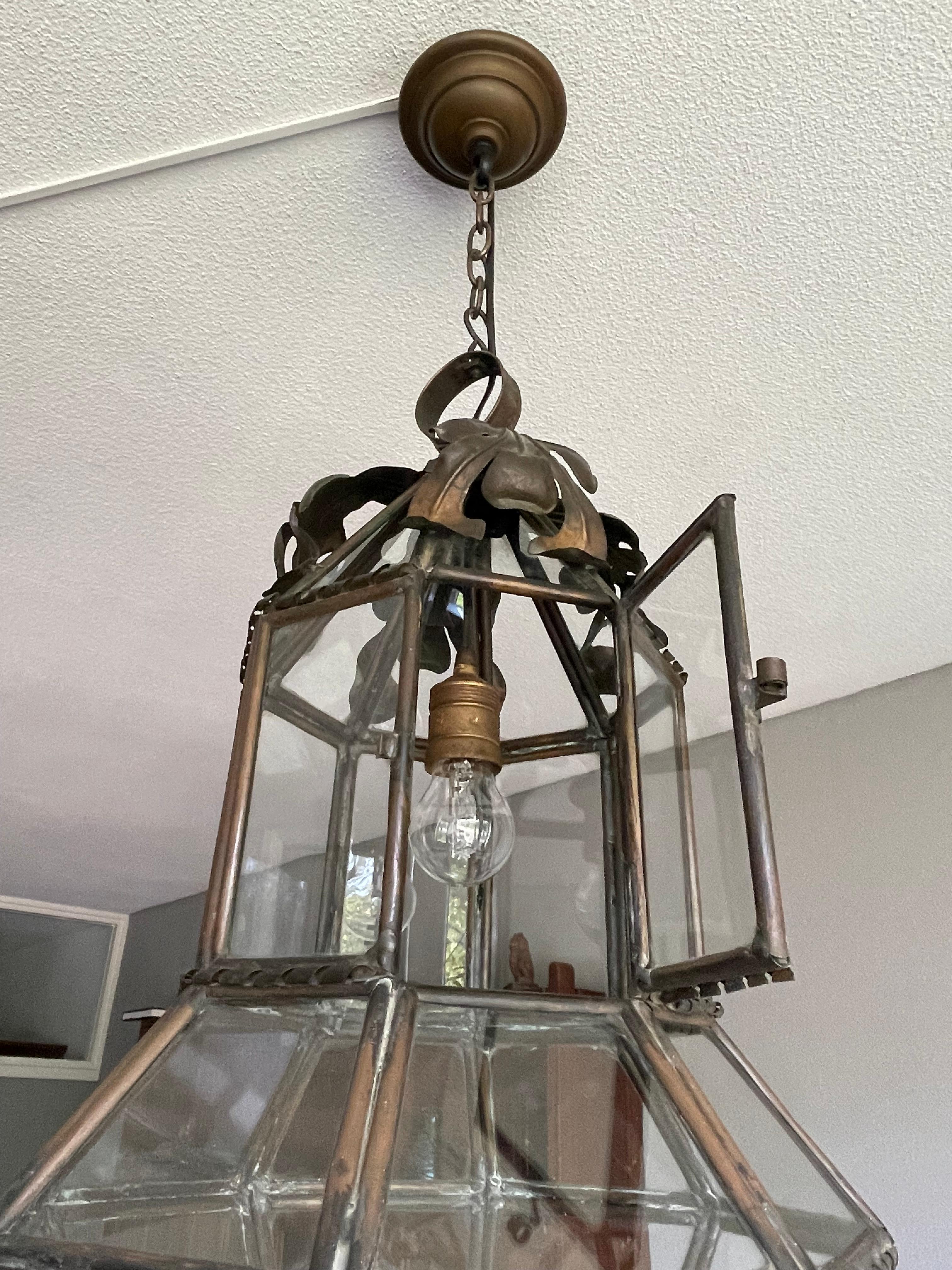 Antique Large Hand Crafted Brass & Glass Victorian Hall Lantern / Pendant Light 1
