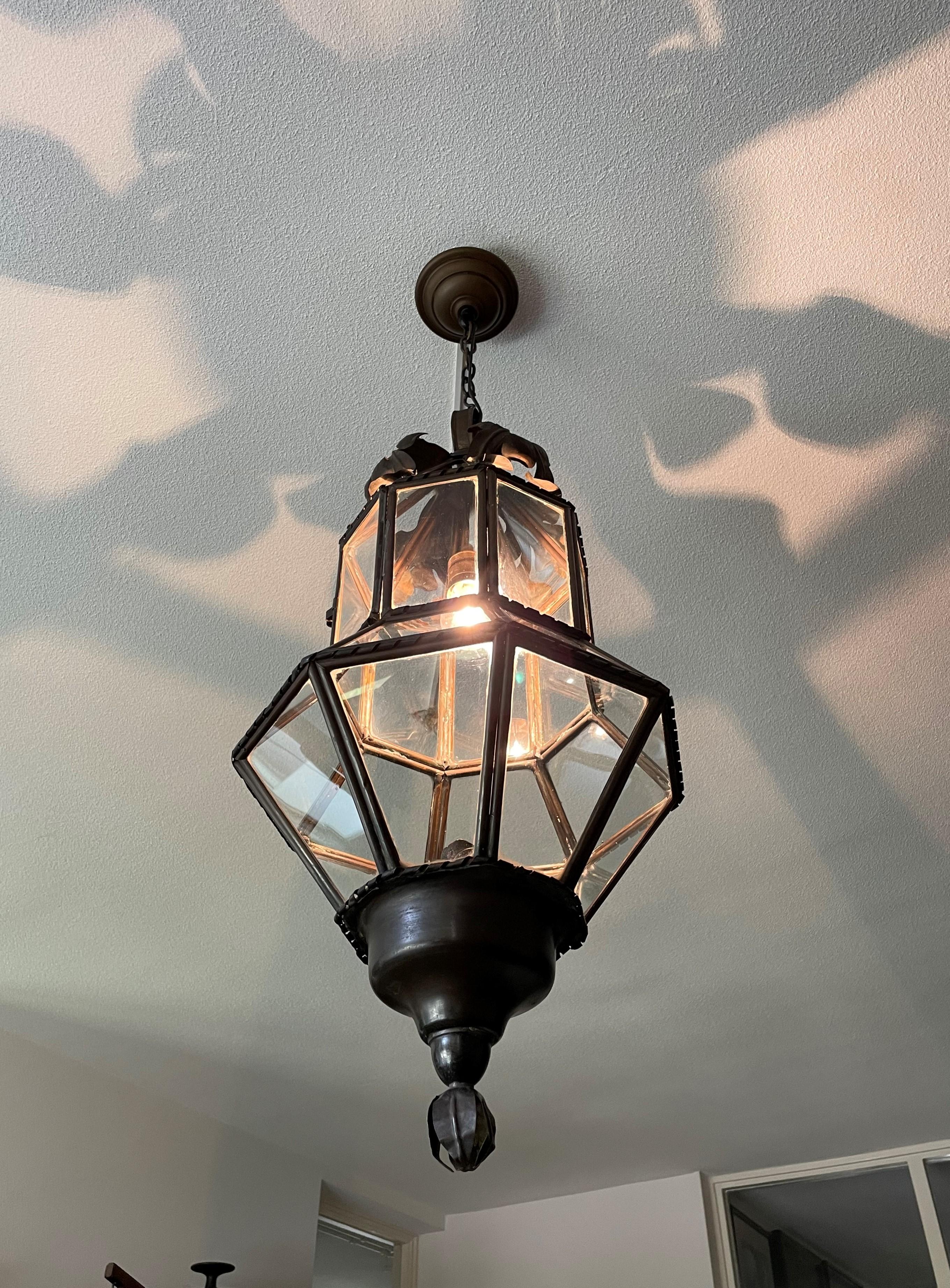 Antique Large Hand Crafted Brass & Glass Victorian Hall Lantern / Pendant Light 2