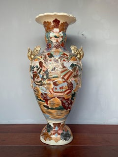 Antique & Large Hand Crafted & Hand Painted Satsuma Vase w. Temple Lion Handles