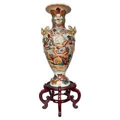 Antique & Large Hand Crafted & Hand Painted Satsuma Vase w. Temple Lion Handles