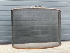 Pantalla contra el fuego de hierro forjado curvado, antigua y grande, hecha a mano, con malla de alambre tejida en color menta