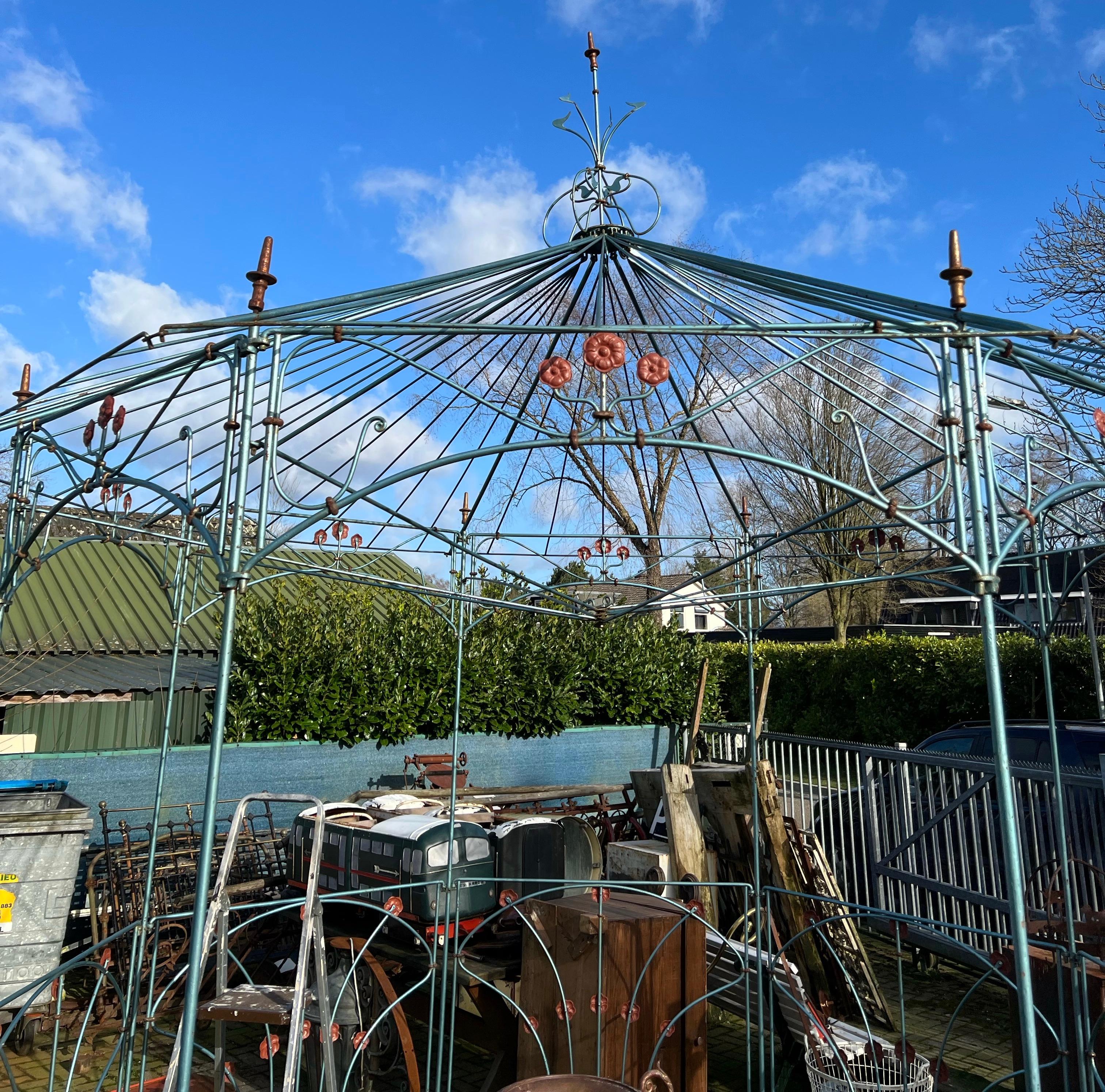 Blackened Antique & Large Hand-Forged Wrought Iron Art Nouveau Gazebo or Garden Gloriette For Sale