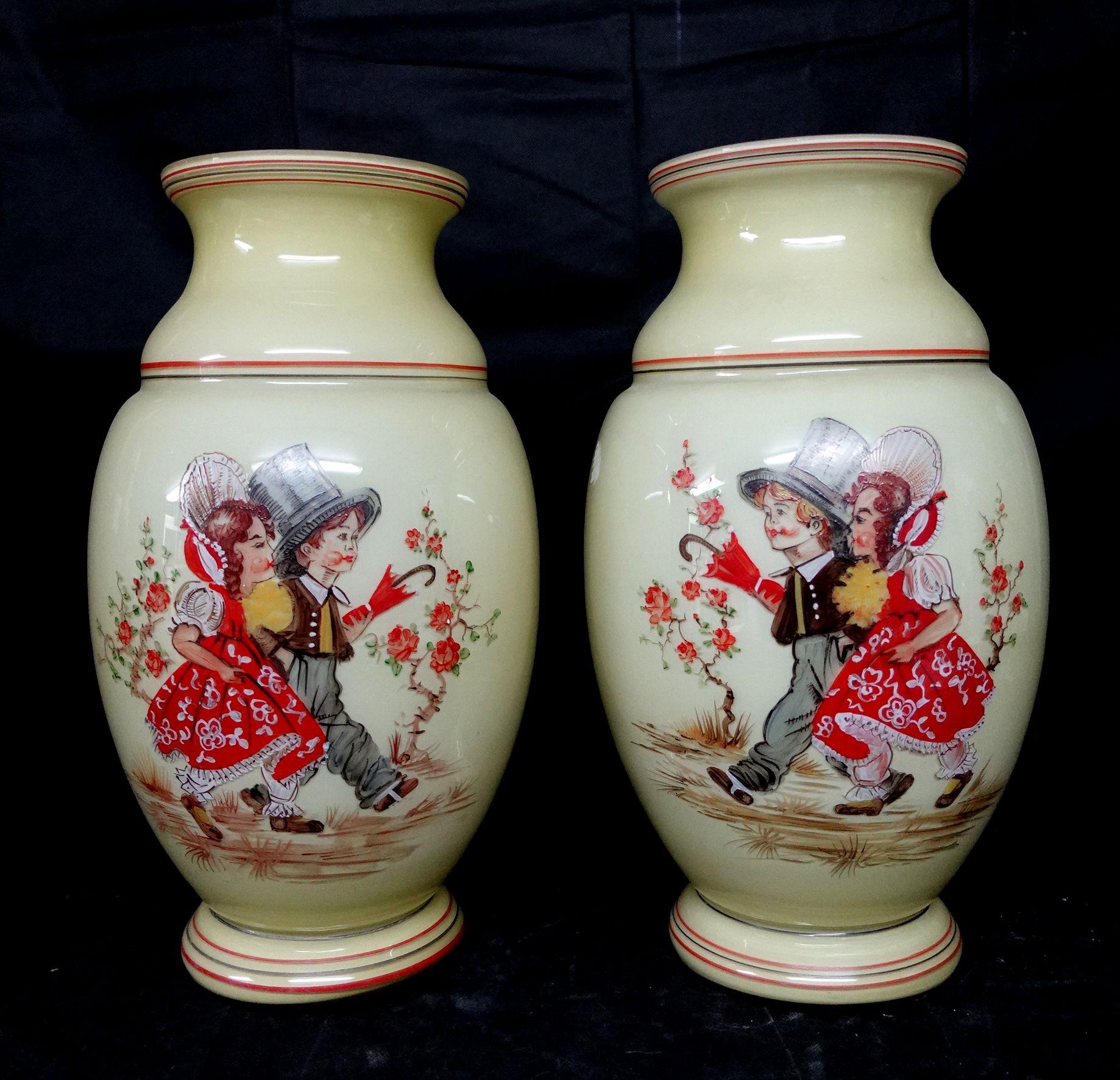 Antique Large Hand Painted Bristol glass vases, Ric072.