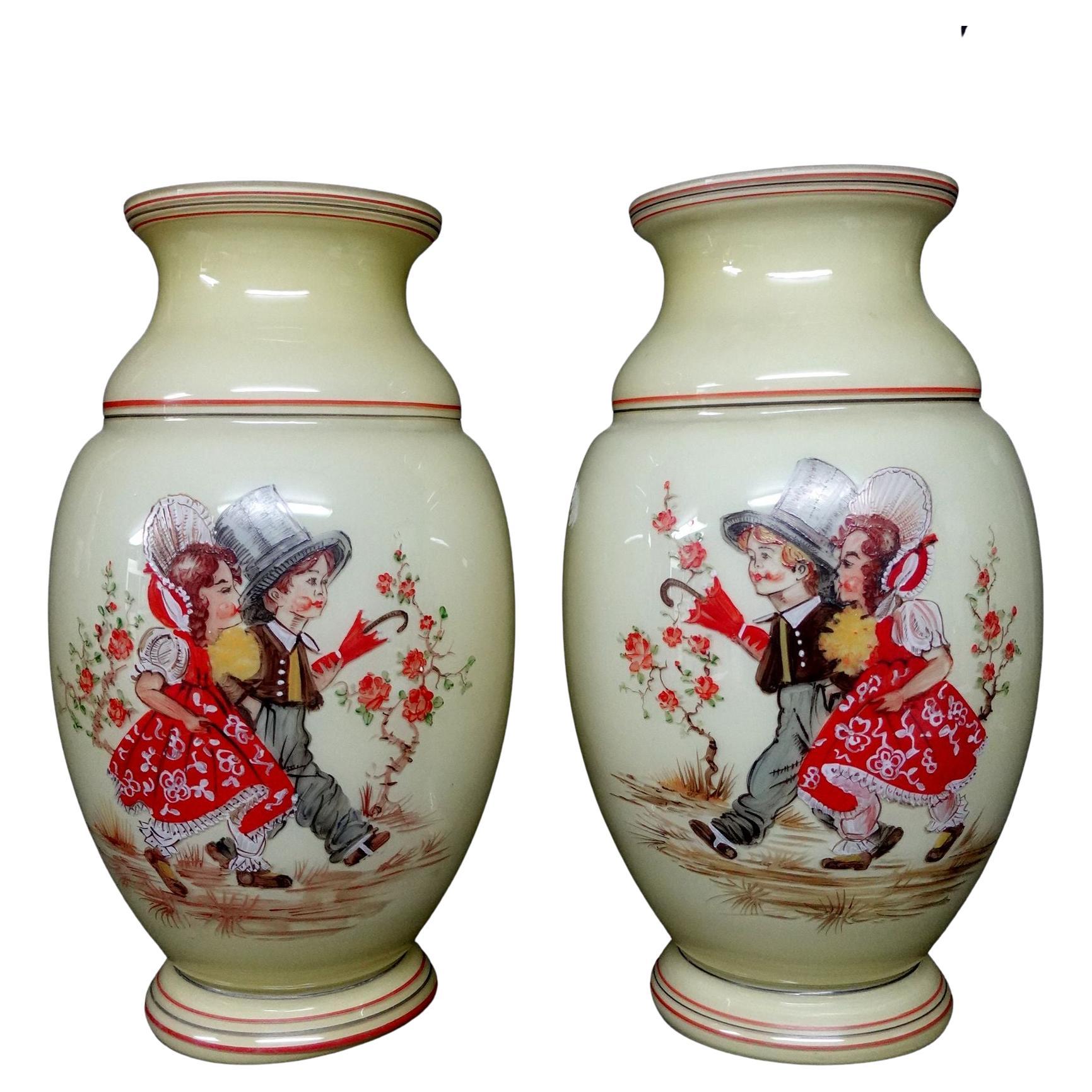 Antique large Hand Painted Bristol Glass Vases, Ric072 For Sale