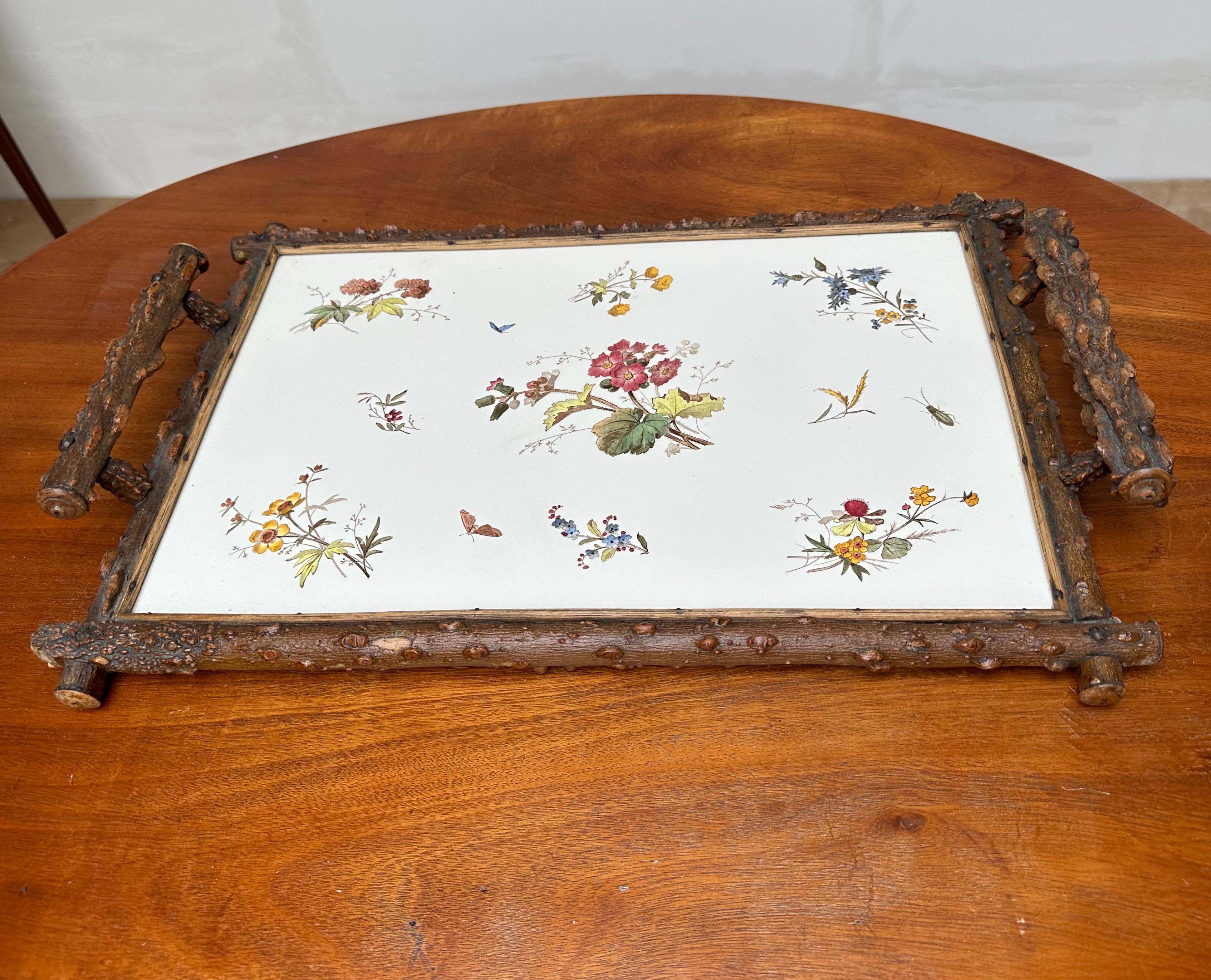 Antique & Large Hand Painted Colorful Flowers, with Butterfly Tile Serving Tray For Sale 10