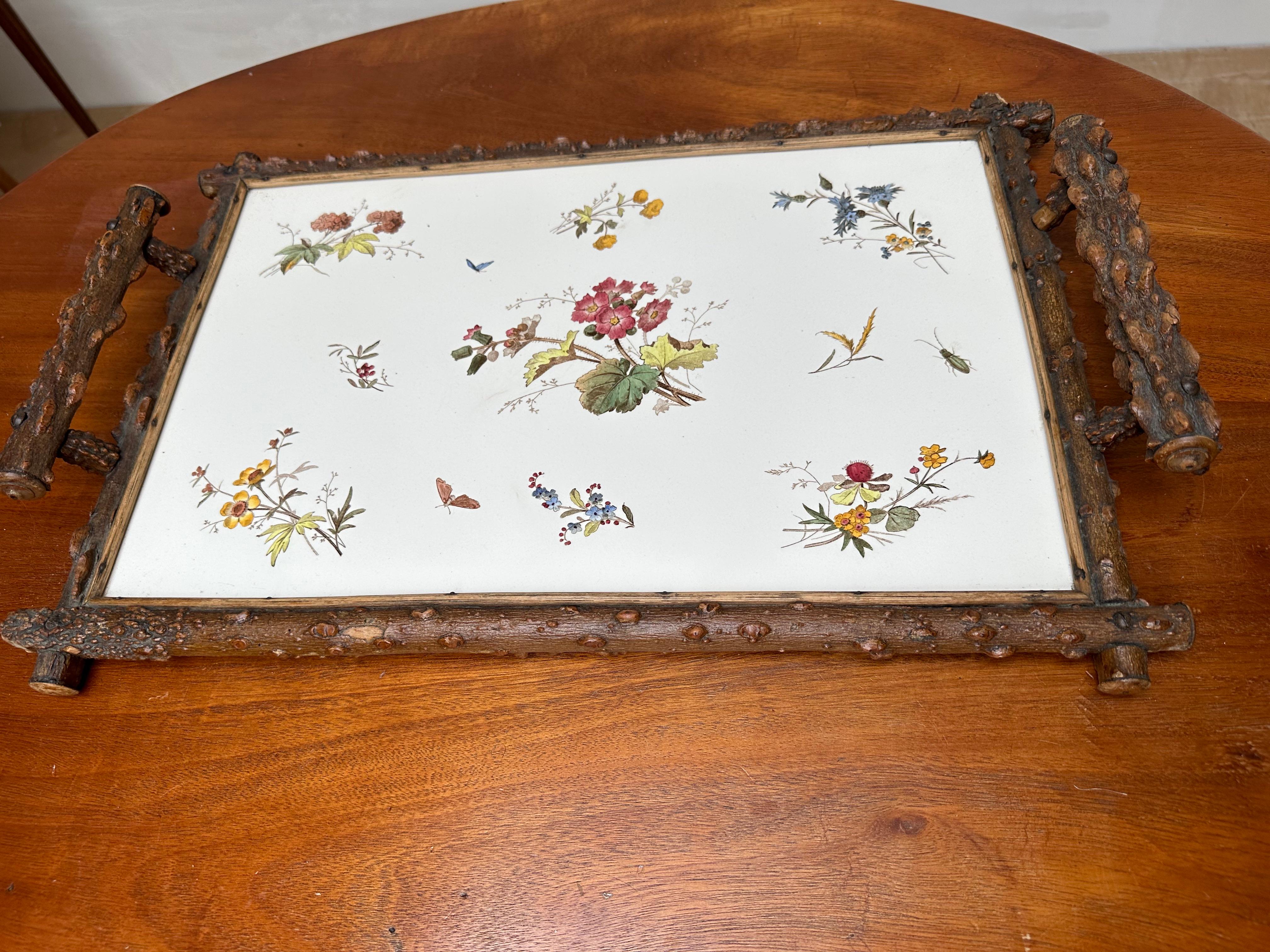 Antique & Large Hand Painted Colorful Flowers, with Butterfly Tile Serving Tray For Sale 11